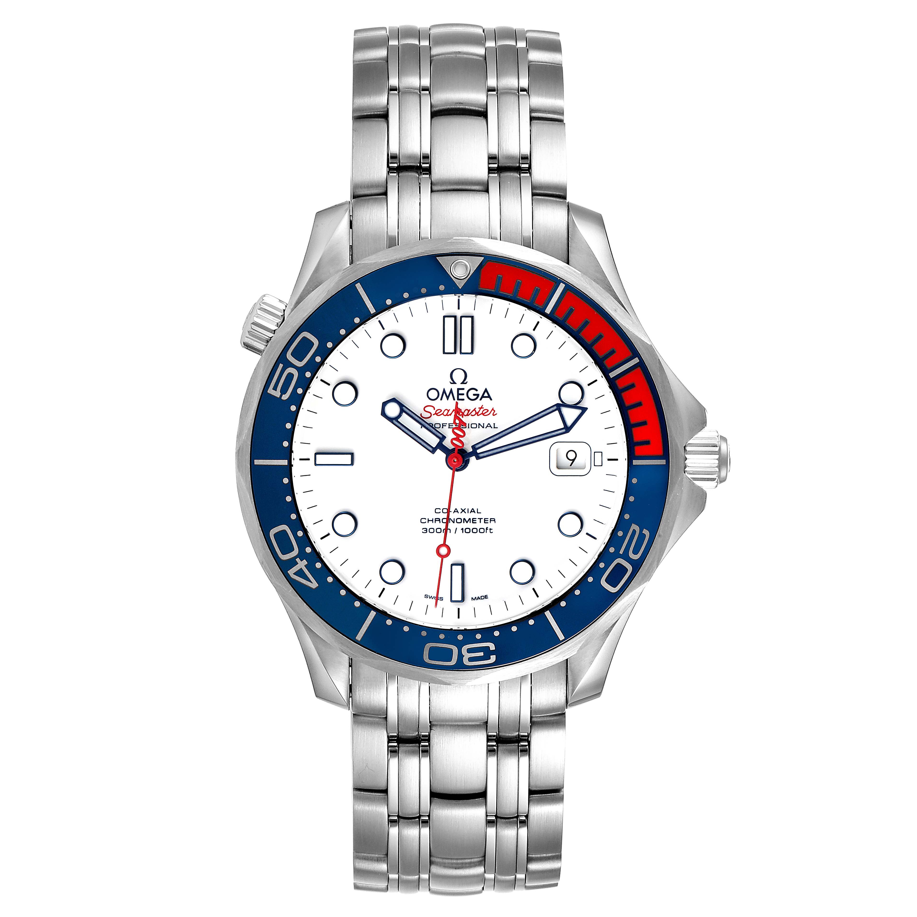 The image shows a front view of the Omega Seamaster 212.32.41.20.04.001 Men
s Stainless Steel White Dial 212.32.41.20.04.001 Men
s Stainless Steel White Dial watch, highlighting its face, bezel, crown, and bracelet.