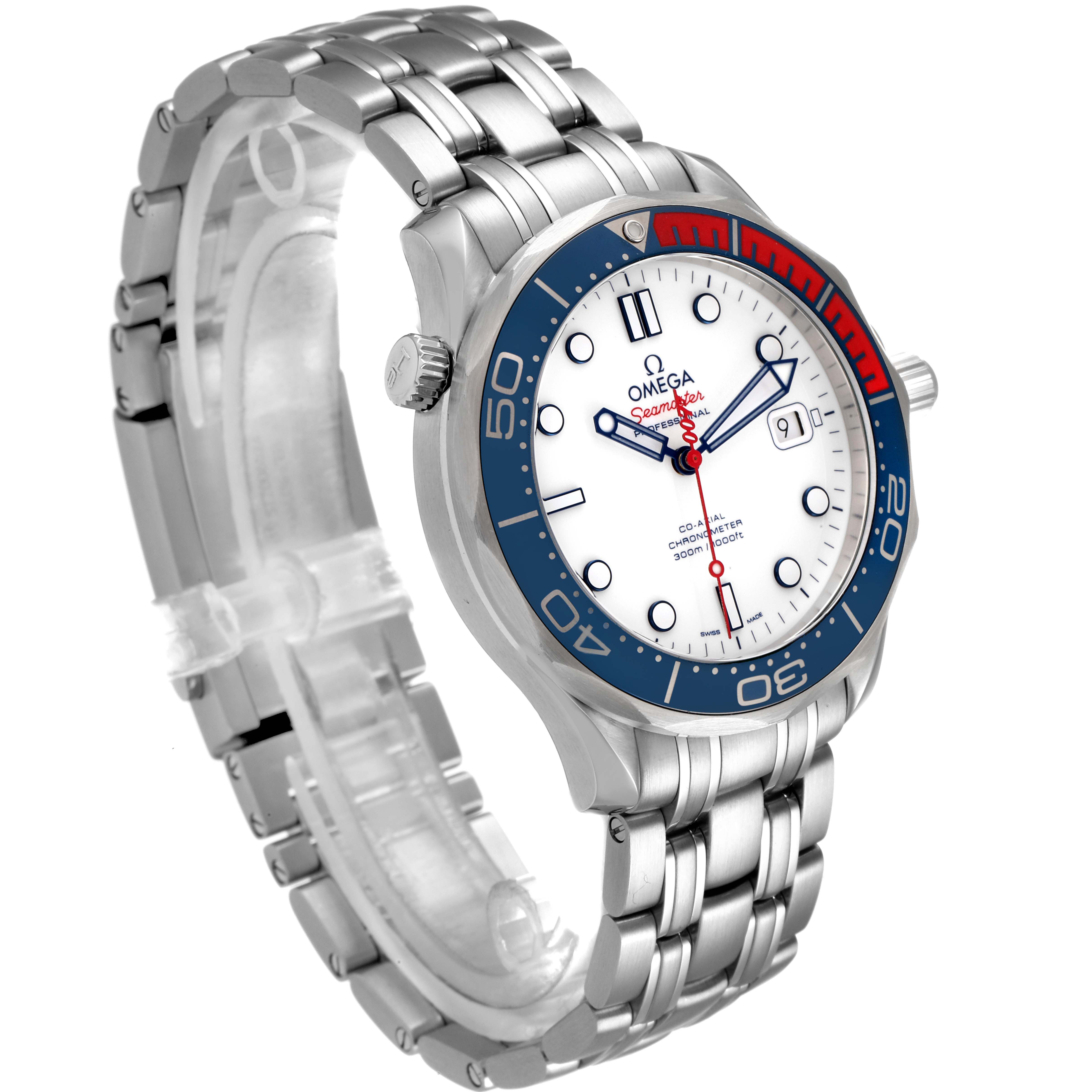 The image shows a side view of the Omega Seamaster 212.32.41.20.04.001 Men
s Stainless Steel White Dial 212.32.41.20.04.001 Men
s Stainless Steel White Dial watch, highlighting its metal band, bezel, and face.