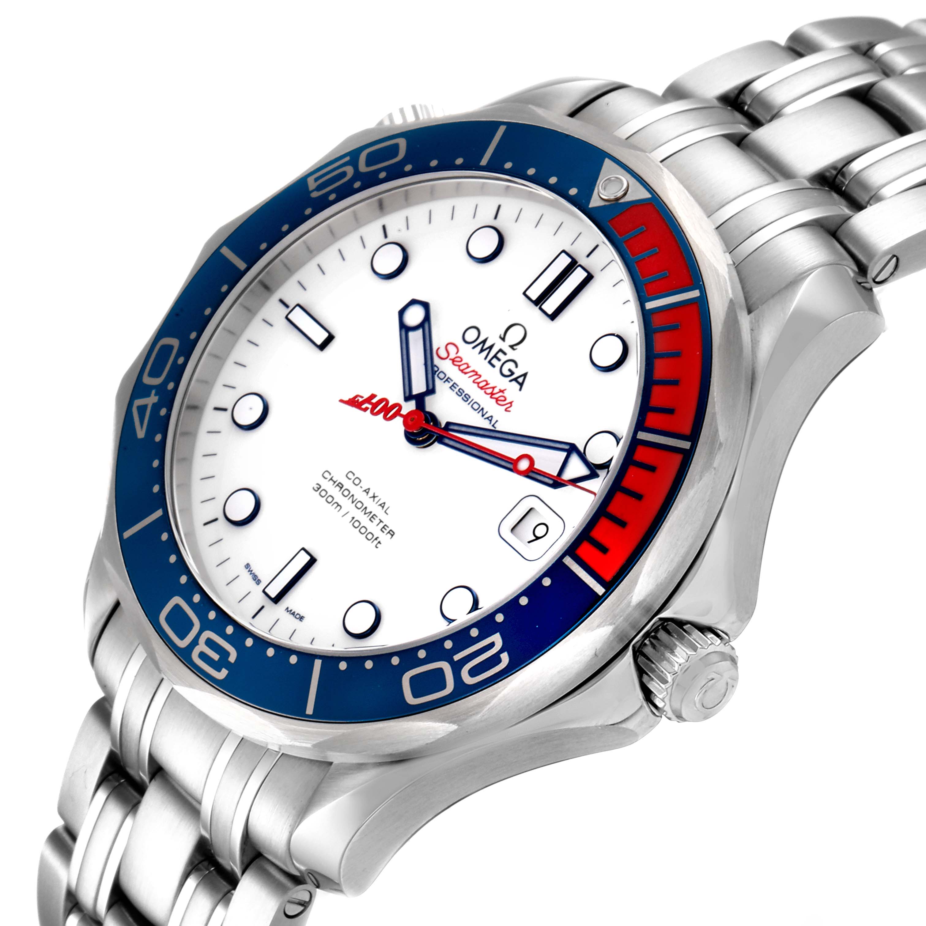 This image shows an Omega Seamaster 212.32.41.20.04.001 Men
s Stainless Steel White Dial 212.32.41.20.04.001 Men
s Stainless Steel White Dial watch from an angled view, highlighting the face, bezel, crown, and part of the bracelet.