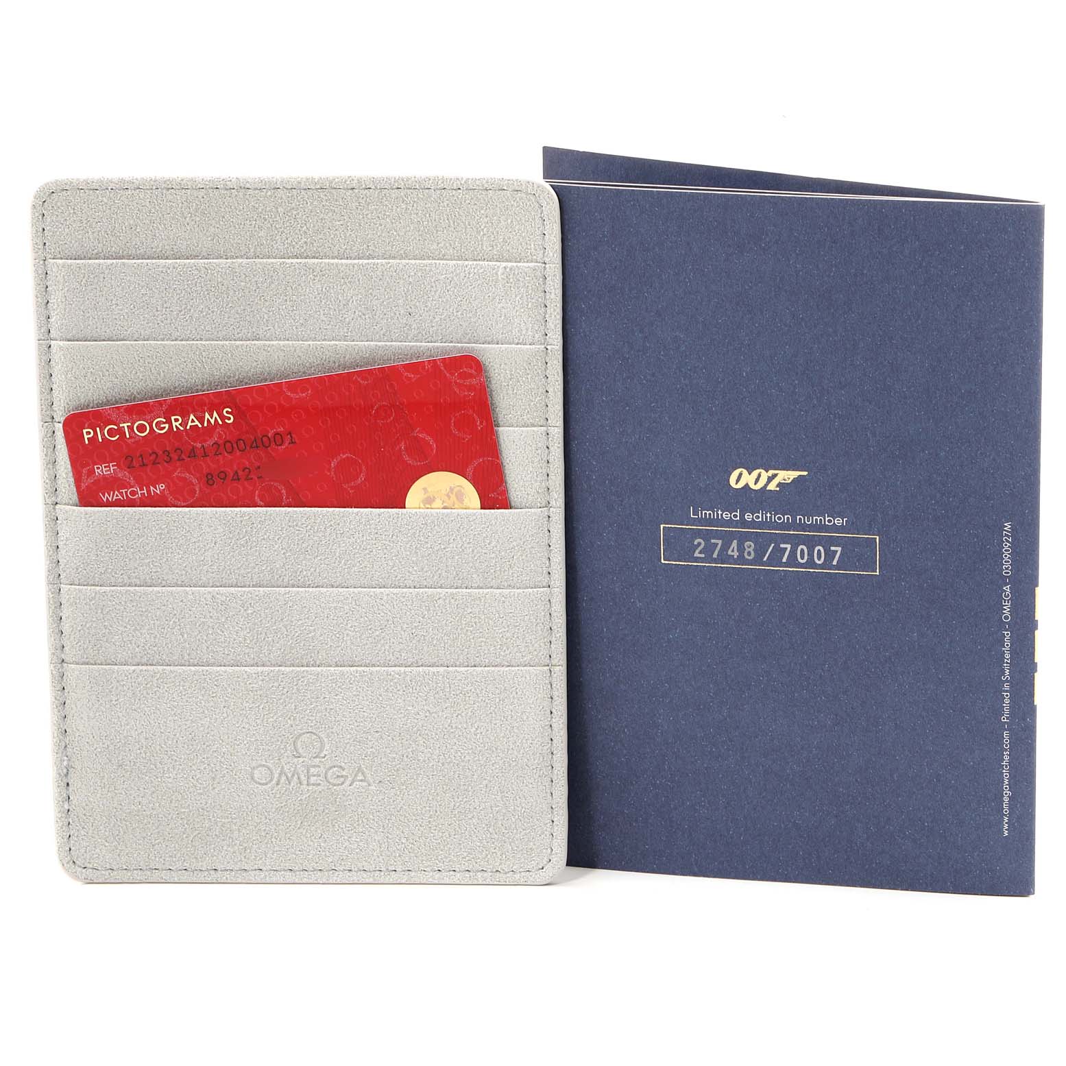The image shows an Omega Seamaster 212.32.41.20.04.001 Men
s Stainless Steel White Dial 212.32.41.20.04.001 Men
s Stainless Steel White Dial card holder with a red pictogram card and a blue limited edition booklet.