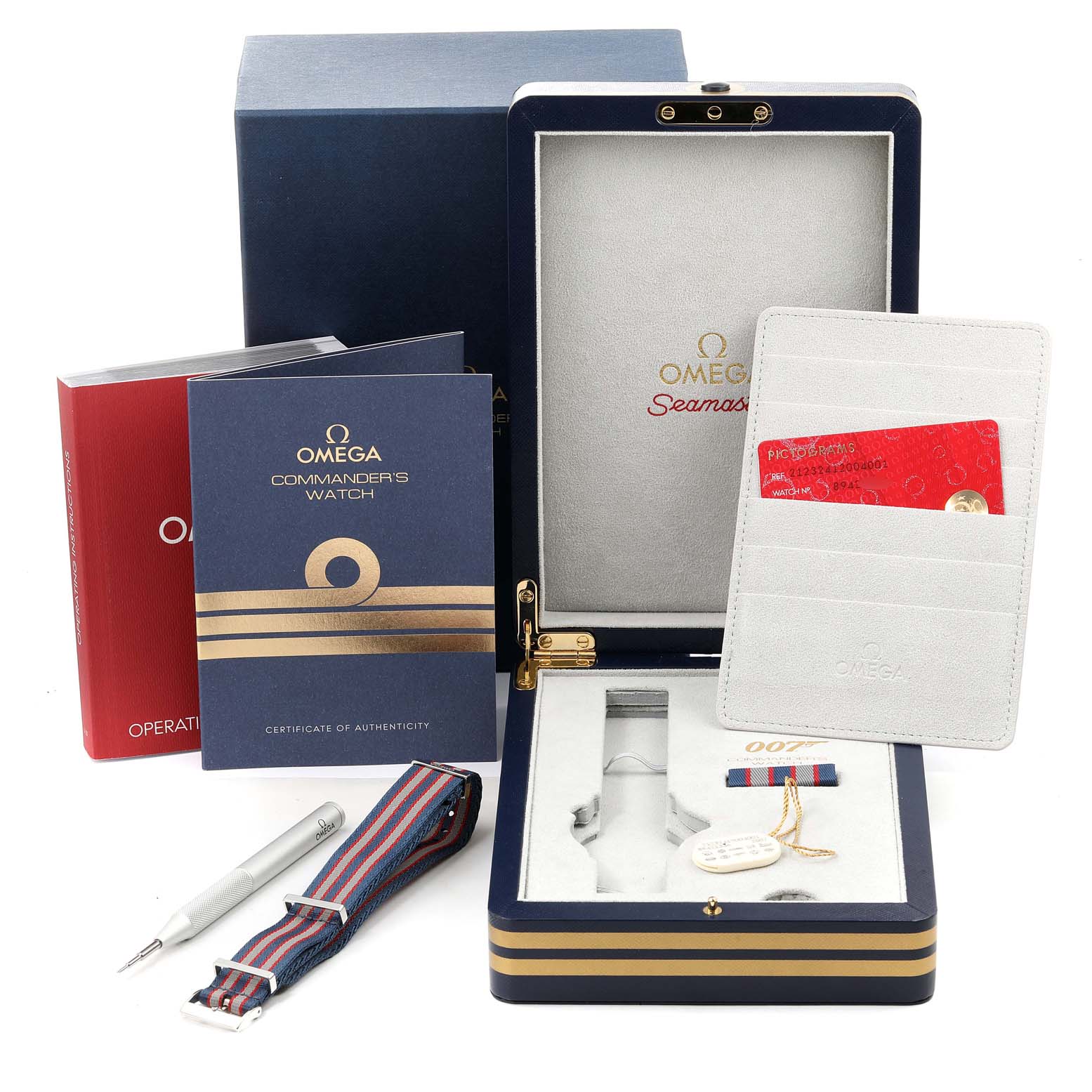 The Omega Seamaster 212.32.41.20.04.001 Men
s Stainless Steel White Dial 212.32.41.20.04.001 Men
s Stainless Steel White Dial watch accessories include a presentation case, extra strap, manuals, Best Quality
ity card, and a tool.