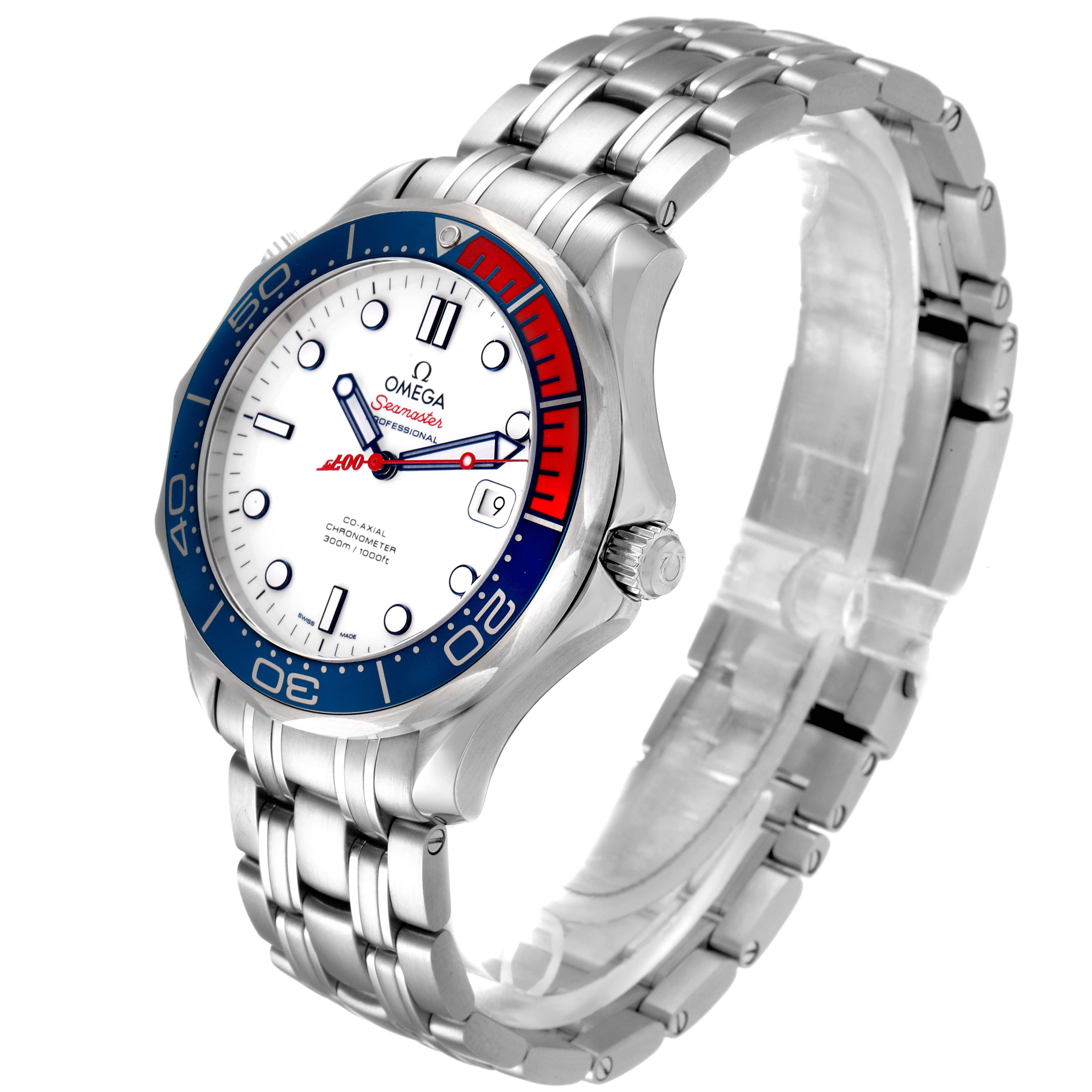 The Omega Seamaster 212.32.41.20.04.001 Men
s Stainless Steel White Dial 212.32.41.20.04.001 Men
s Stainless Steel White Dial watch is shown at an angle highlighting the face, bezel, and stainless steel bracelet.