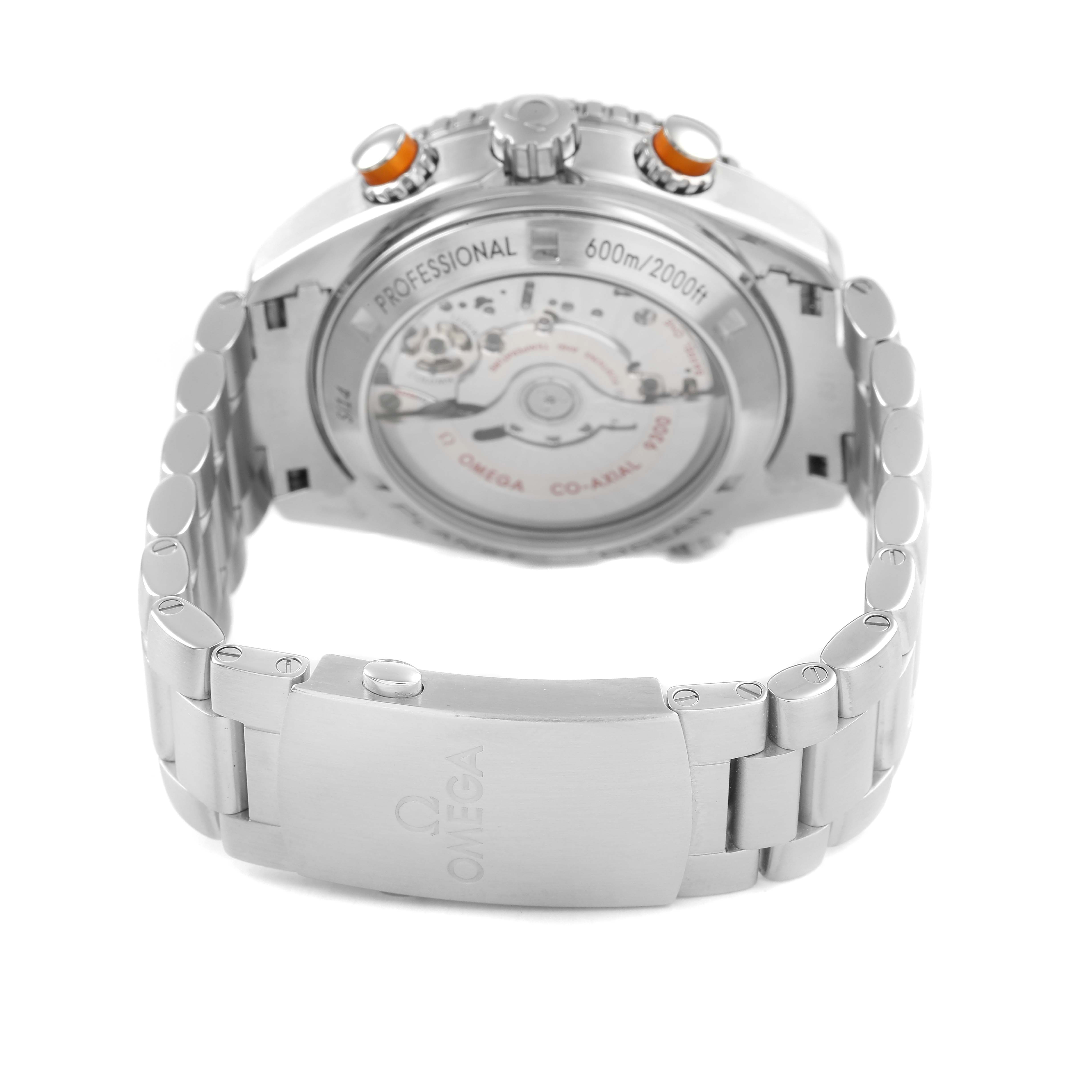 The image shows the back of the Omega Planet Ocean 232.30.46.51.01.002 Men's Stainless Steel Black Dial watch, highlighting the clasp and the transparent case back.
