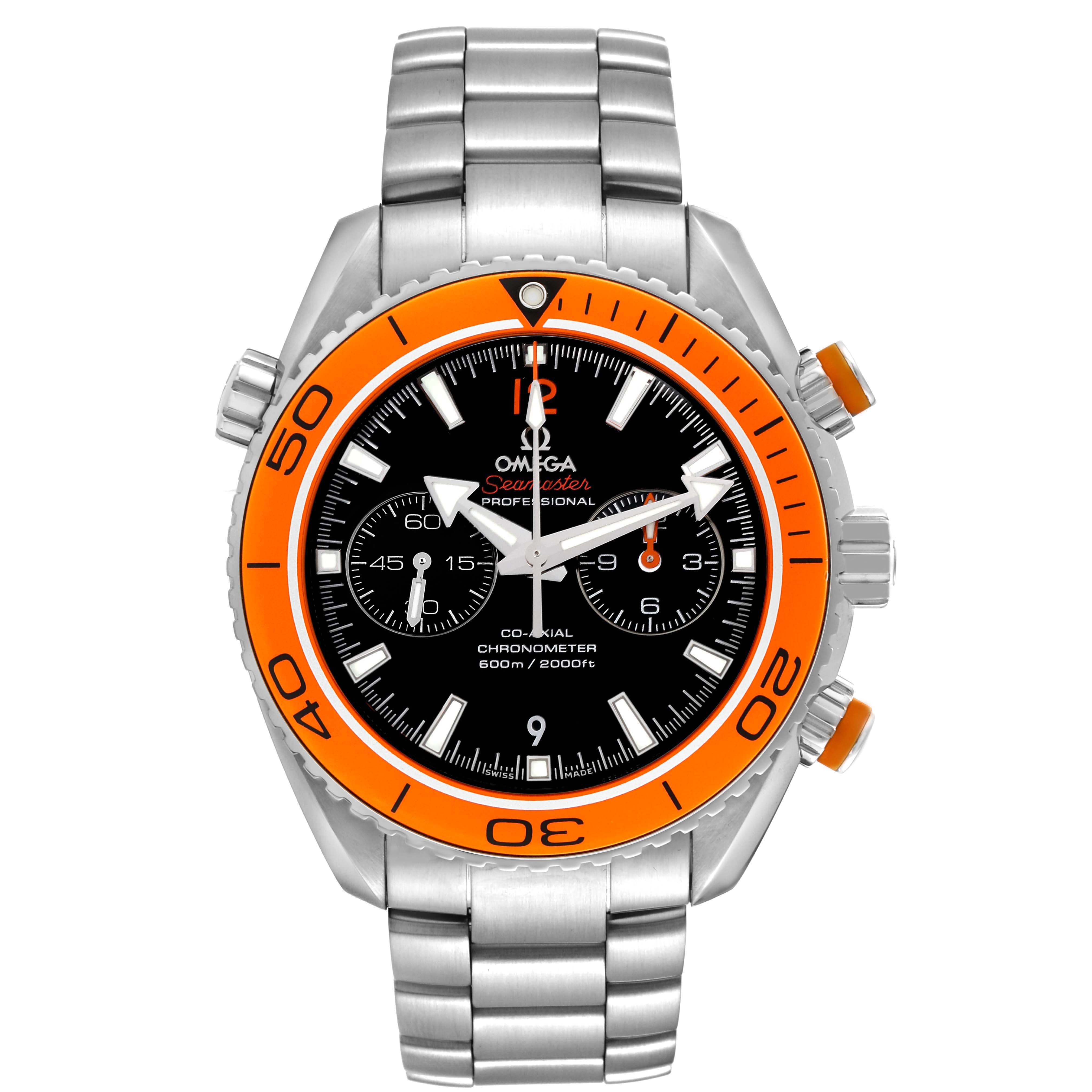 The Omega Planet Ocean 232.30.46.51.01.002 Men's Stainless Steel Black Dial watch is shown from the front, highlighting the bezel, dial, bracelet, and chronograph subdials.