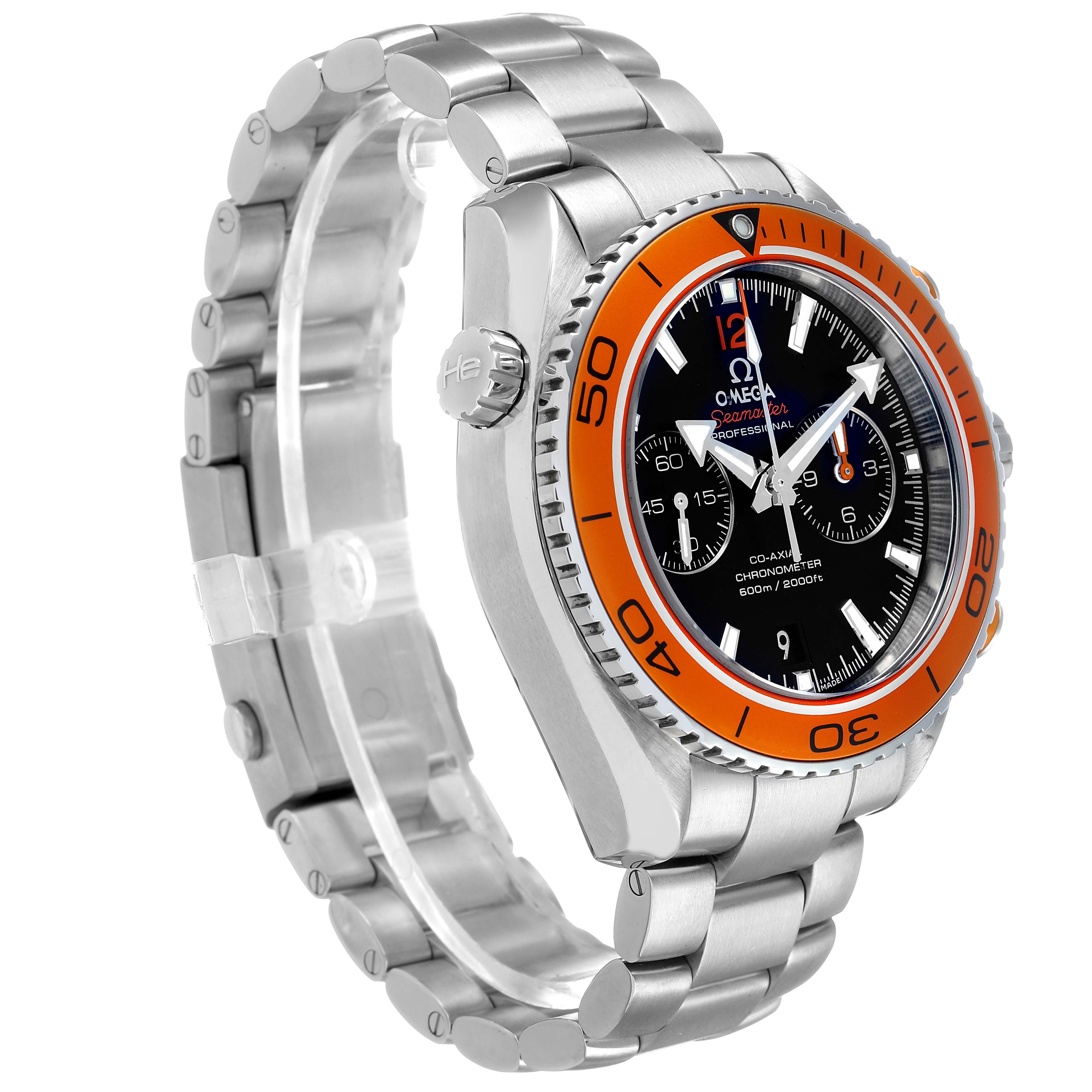 The Omega Planet Ocean 232.30.46.51.01.002 Men's Stainless Steel Black Dial watch is shown at a three-quarter angle, highlighting the bezel, face, crown, and bracelet.