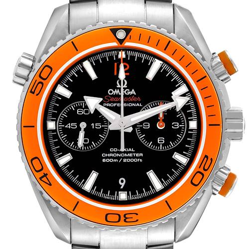 The image shows a front view of the Omega Planet Ocean 232.30.46.51.01.002 Men's Stainless Steel Black Dial watch, featuring a vibrant orange bezel and black dial.