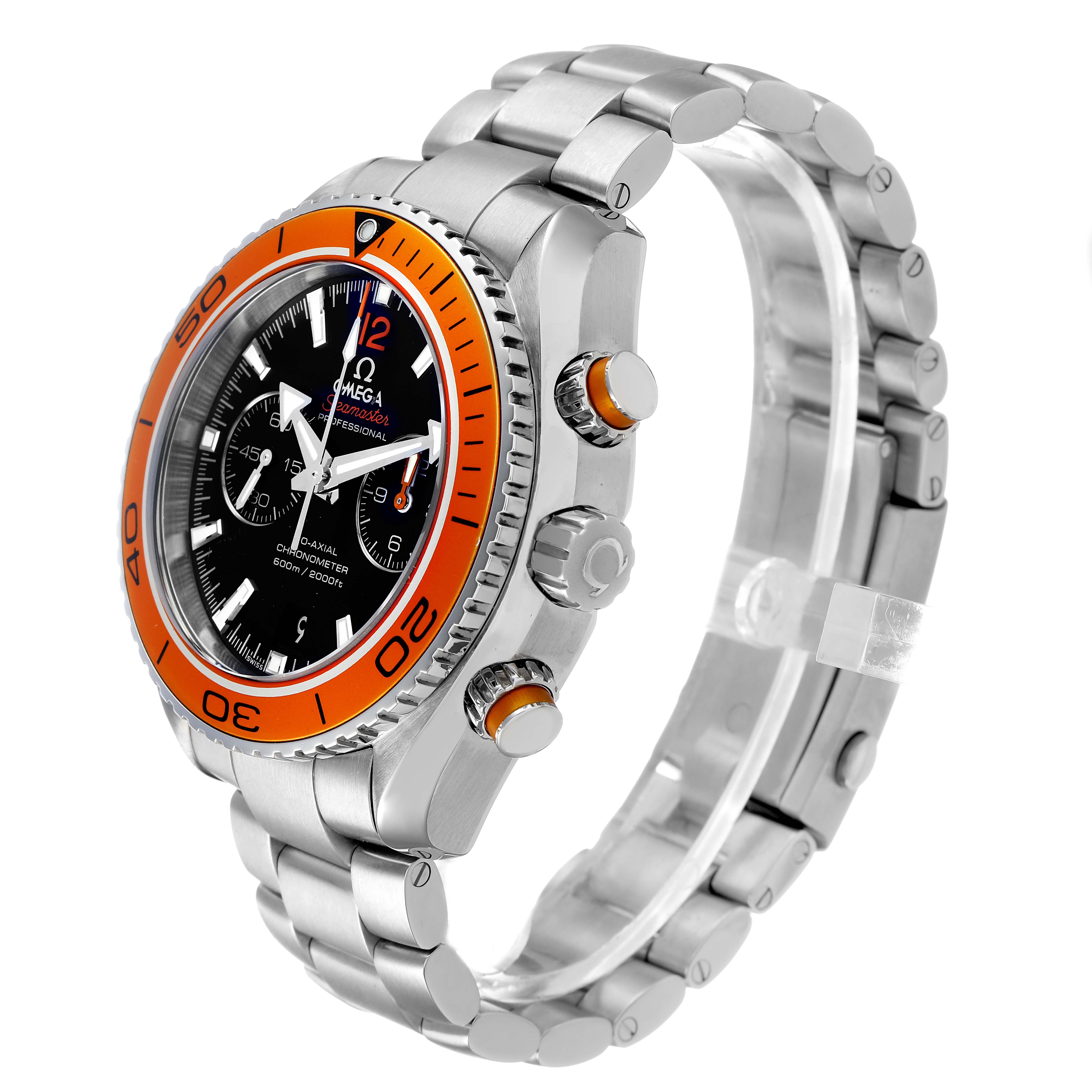 The Omega Planet Ocean 232.30.46.51.01.002 Men's Stainless Steel Black Dial watch is shown at a side angle, displaying its bracelet, bezel, dial, and pushers.
