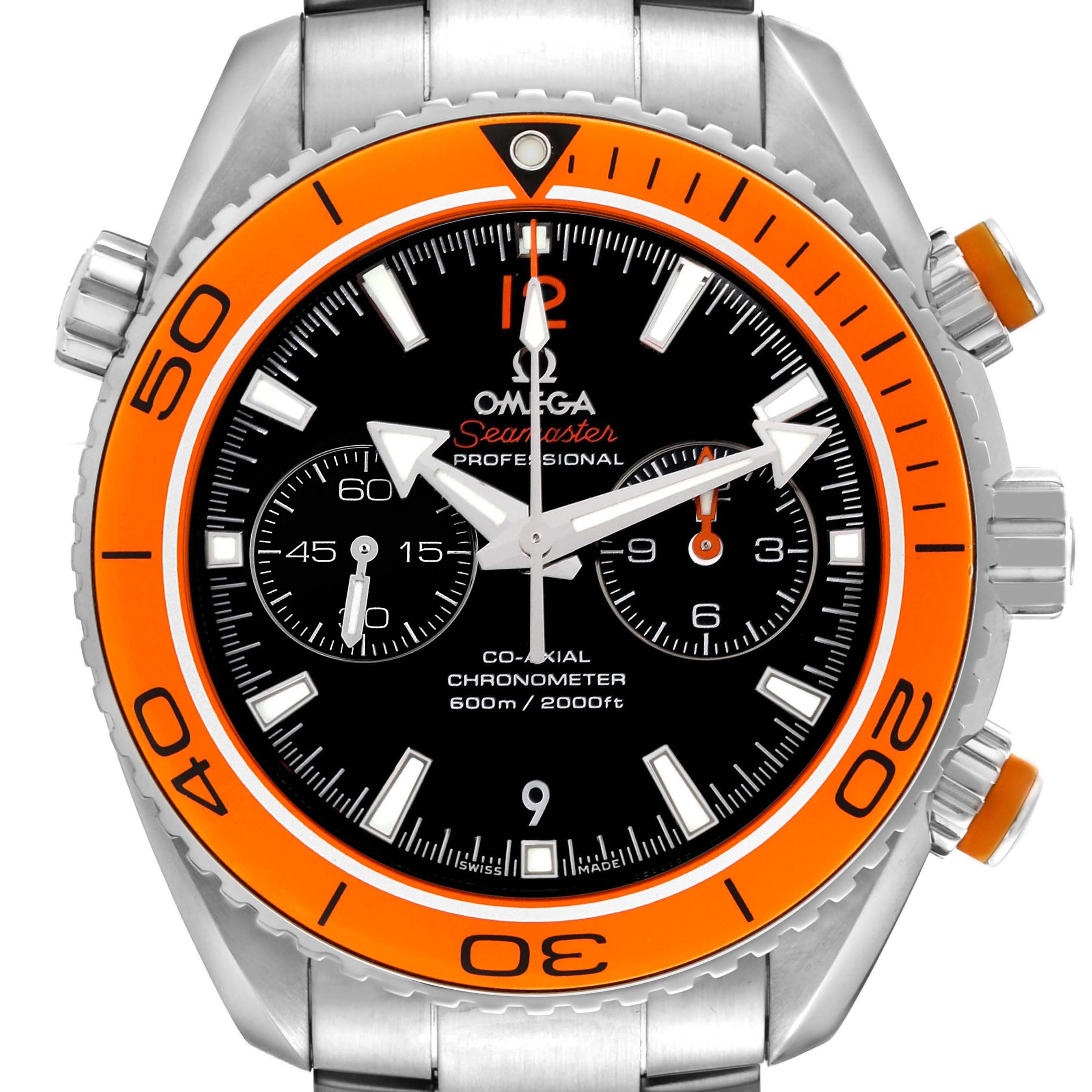 The image shows a front view of the Omega Planet Ocean 232.30.46.51.01.002 Men's Stainless Steel Black Dial watch with an orange bezel and visible chronograph subdials.