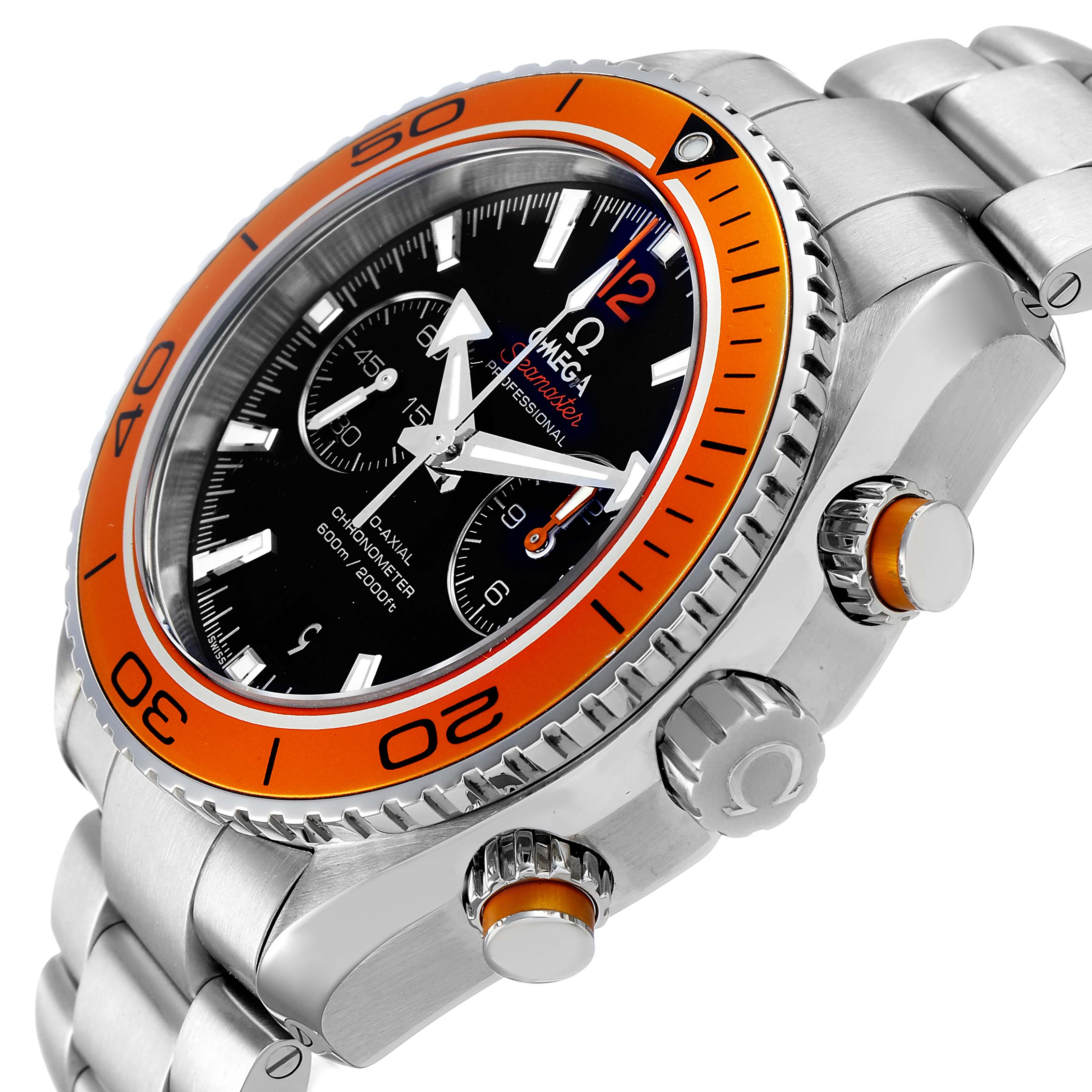 The Omega Planet Ocean 232.30.46.51.01.002 Men's Stainless Steel Black Dial watch is shown at an angled side view, highlighting the orange bezel, dial, crown, and pushers.