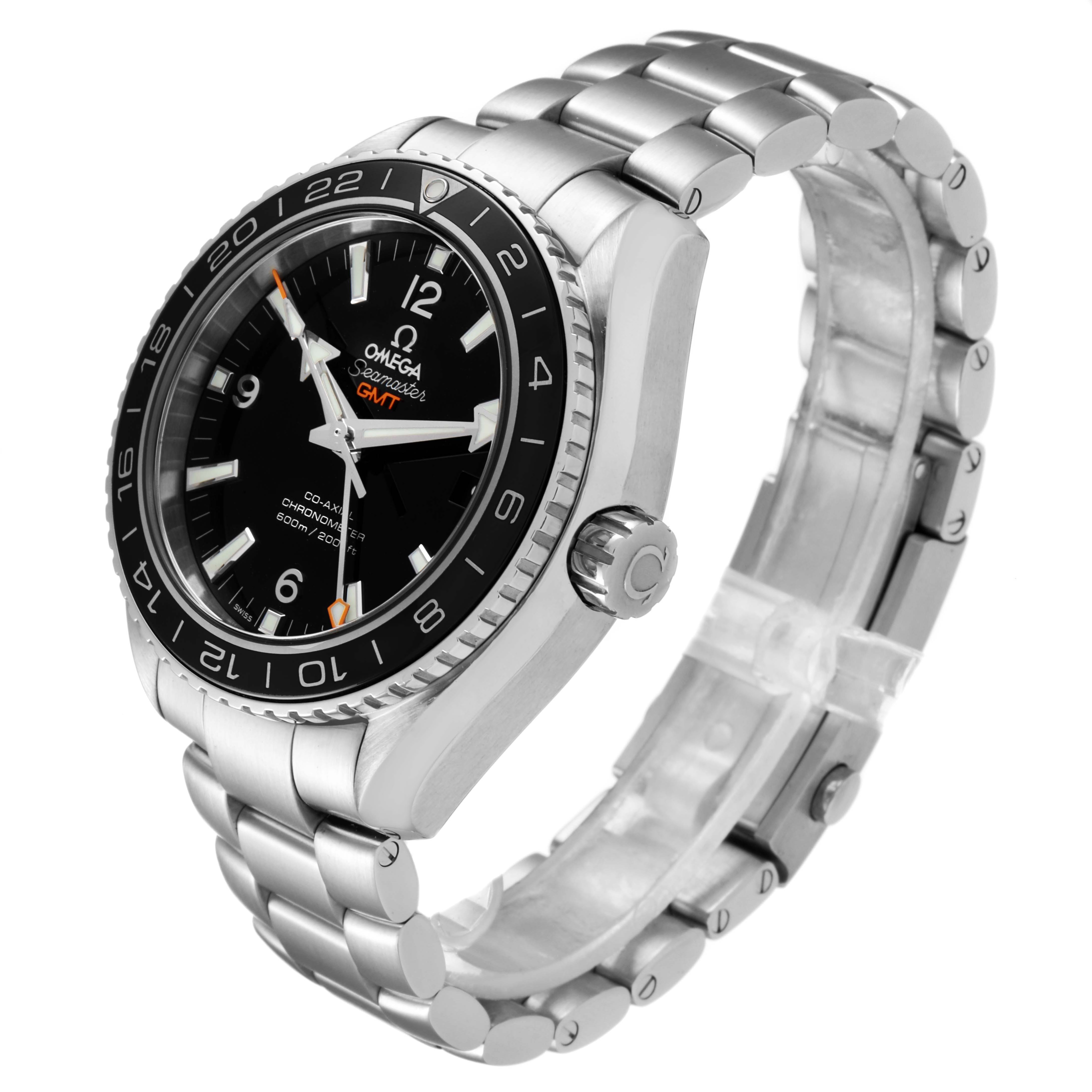 The image shows an Omega Planet Ocean 232.30.44.22.01.001 Men
s Stainless Steel Black Dial 232.30.44.22.01.001 Men
s Stainless Steel Black Dial GMT watch at a 3/4 angle, highlighting the face, bezel, and bracelet.