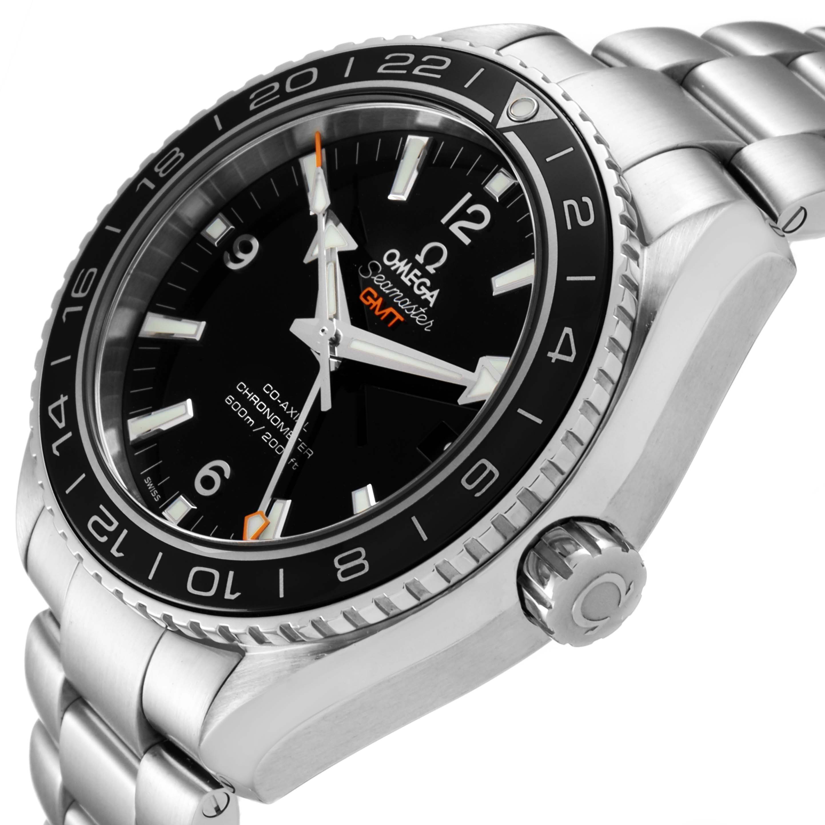 This image shows the Omega Planet Ocean 232.30.44.22.01.001 Men
s Stainless Steel Black Dial 232.30.44.22.01.001 Men
s Stainless Steel Black Dial GMT watch from a side angle, highlighting the bezel, dial, crown, and stainless steel bracelet.