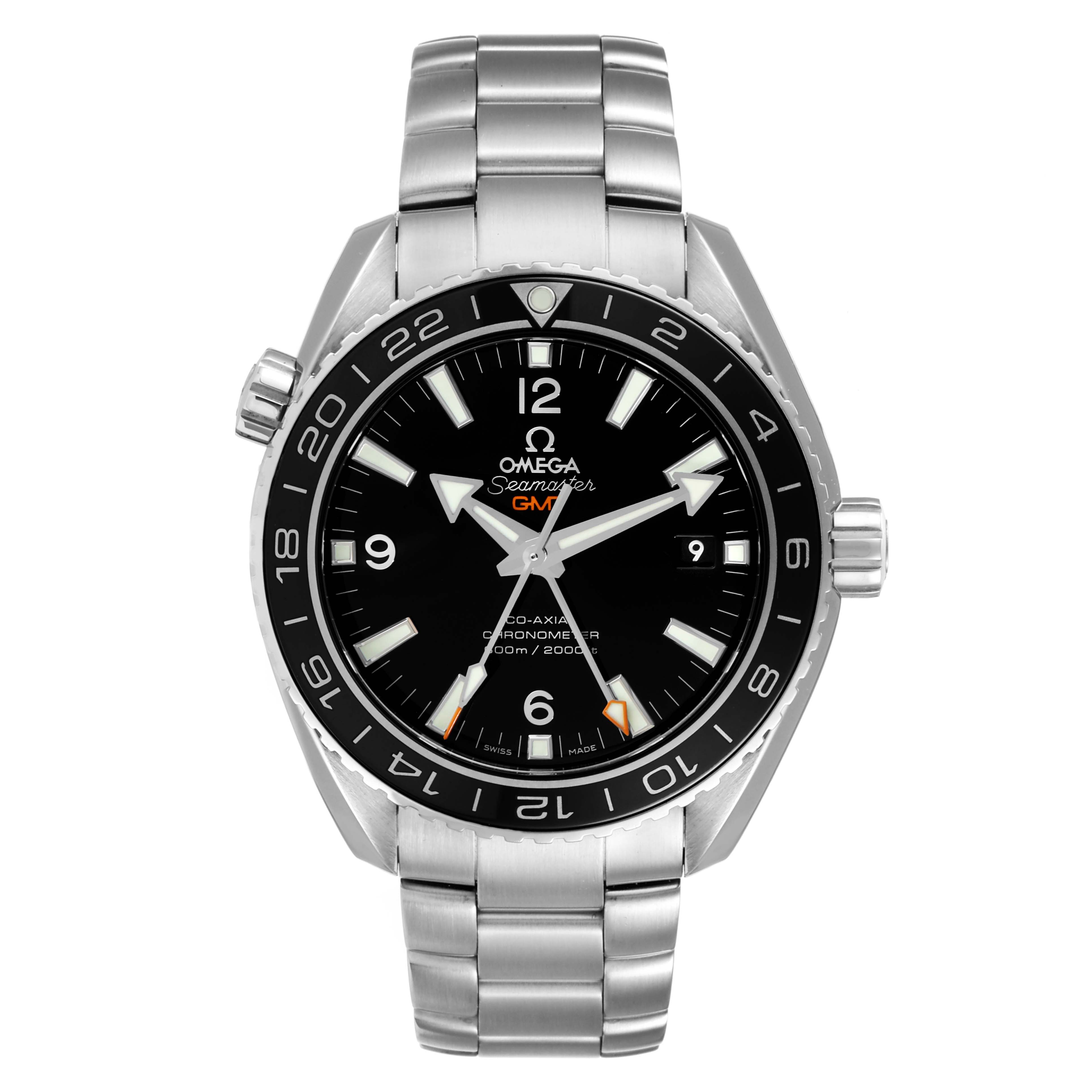 The image shows an Omega Seamaster Planet Ocean GMT watch, featuring its face, bezel, crown, and metal bracelet from a front angle.
