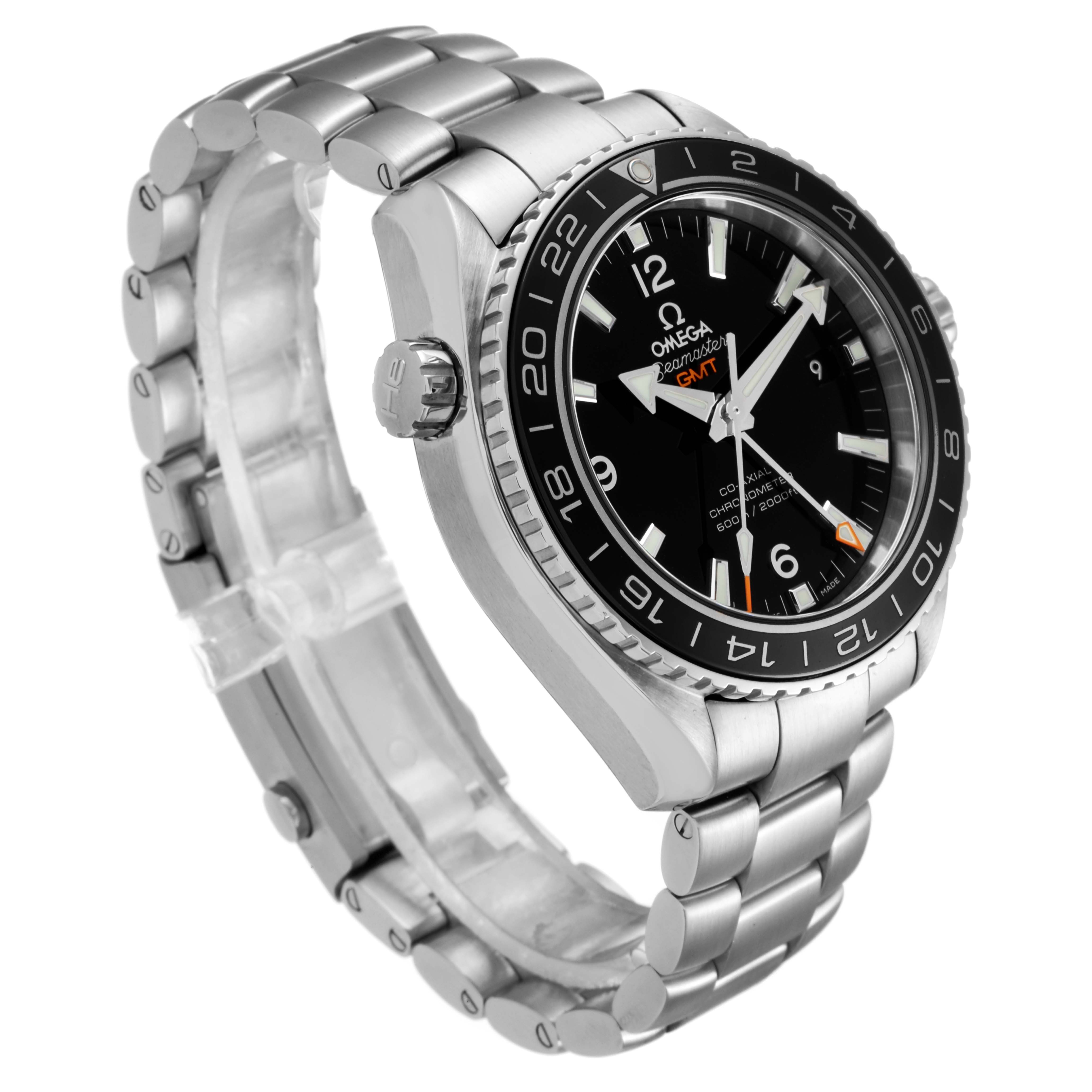 The image shows an angled side view of the Omega Planet Ocean 232.30.44.22.01.001 Men
s Stainless Steel Black Dial 232.30.44.22.01.001 Men
s Stainless Steel Black Dial watch displaying its case, bezel, dial, and metal bracelet.