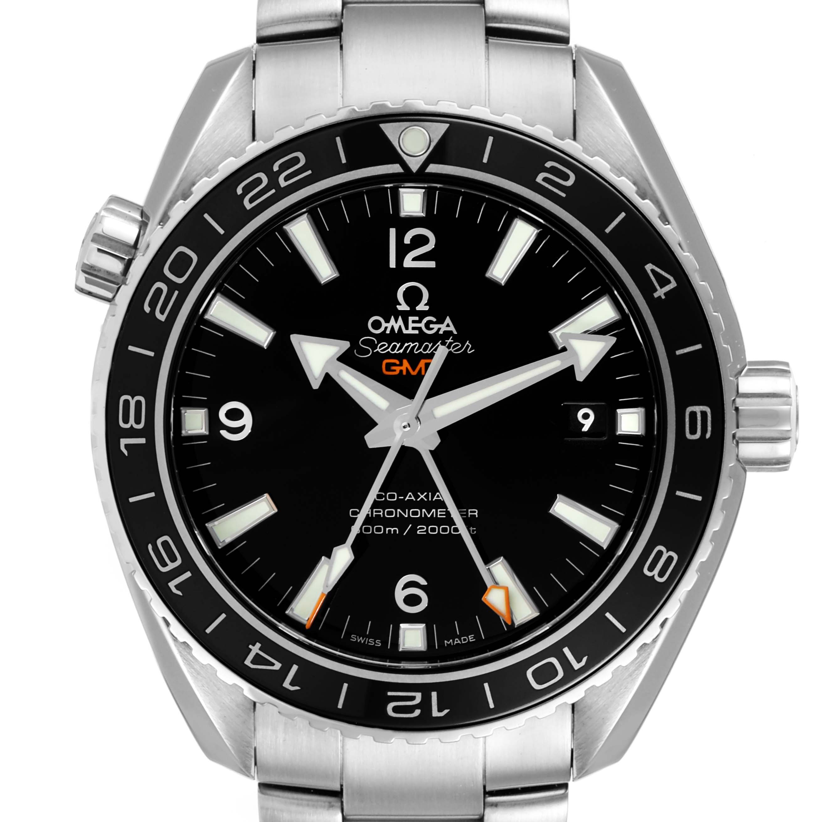 The image shows a front view of the Omega Planet Ocean 232.30.44.22.01.001 Men
s Stainless Steel Black Dial 232.30.44.22.01.001 Men
s Stainless Steel Black Dial Seamaster watch, highlighting the dial and bezel.