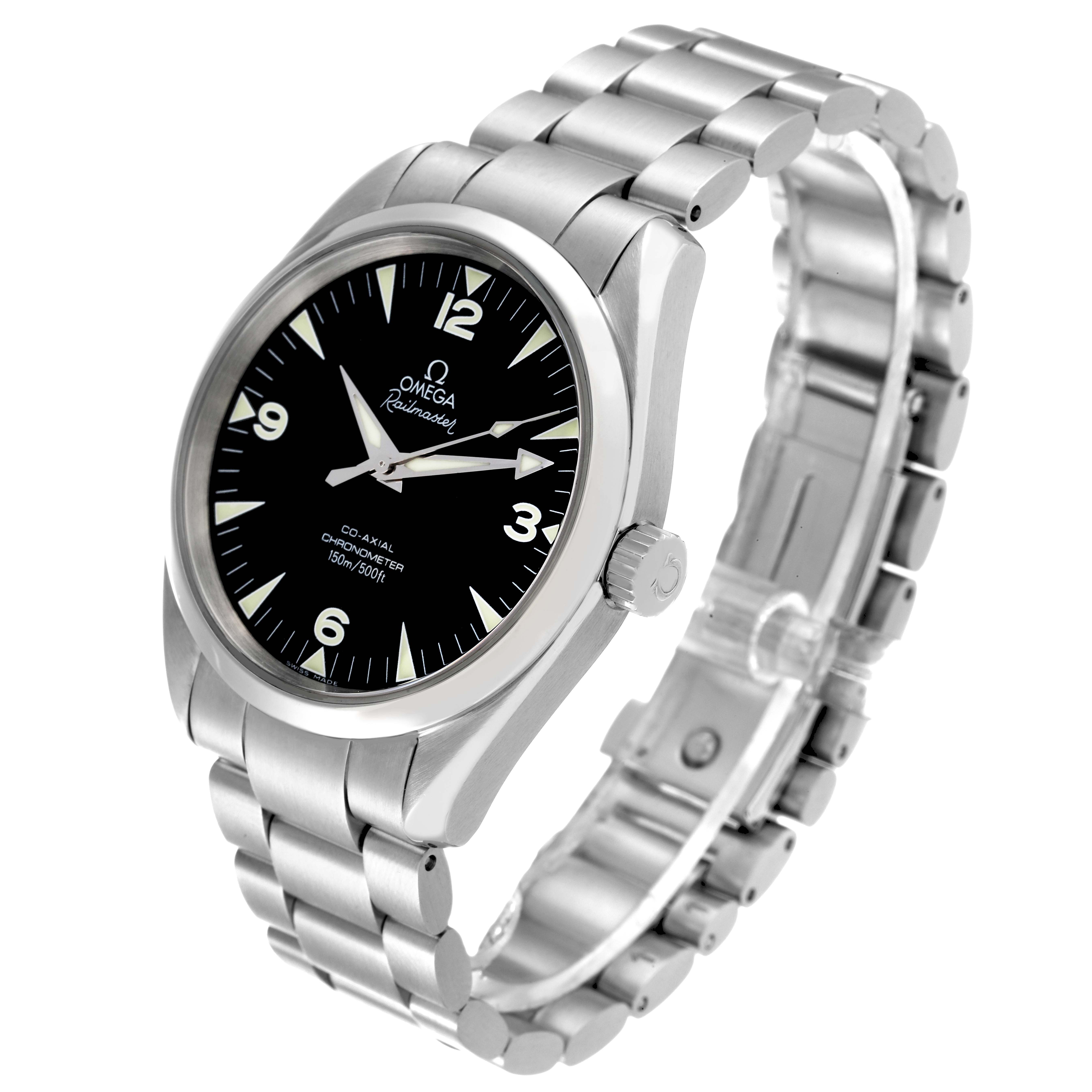 The Omega Seamaster 2503.52.00 Men's Stainless Steel Black Dial 2503.52.00 Men's Stainless Steel Black Dial watch is shown at a slight angle, displaying the face, crown, and metallic bracelet.