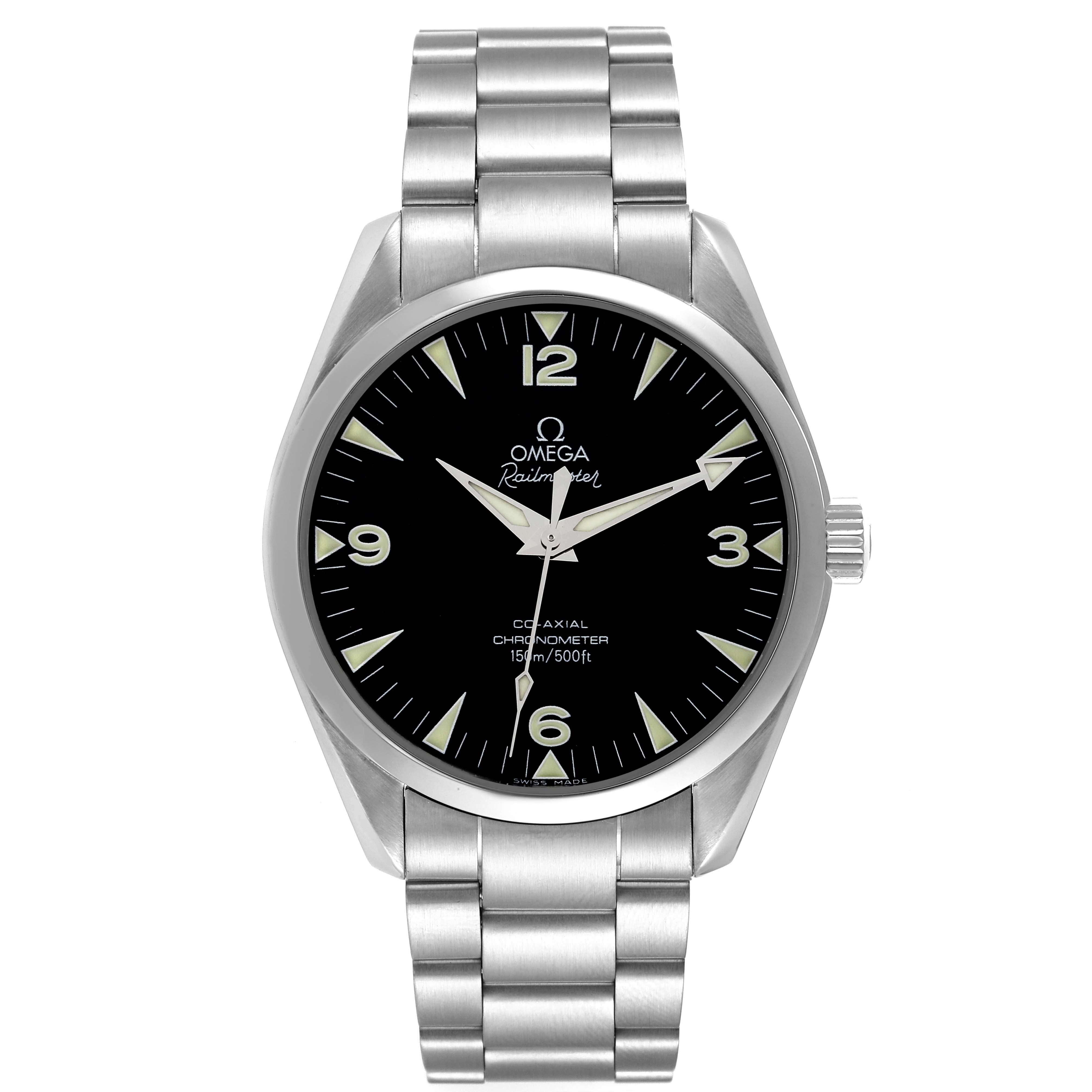 This image shows a front view of the Omega Seamaster 2503.52.00 Men's Stainless Steel Black Dial 2503.52.00 Men's Stainless Steel Black Dial watch, displaying the face, crown, and metal bracelet.