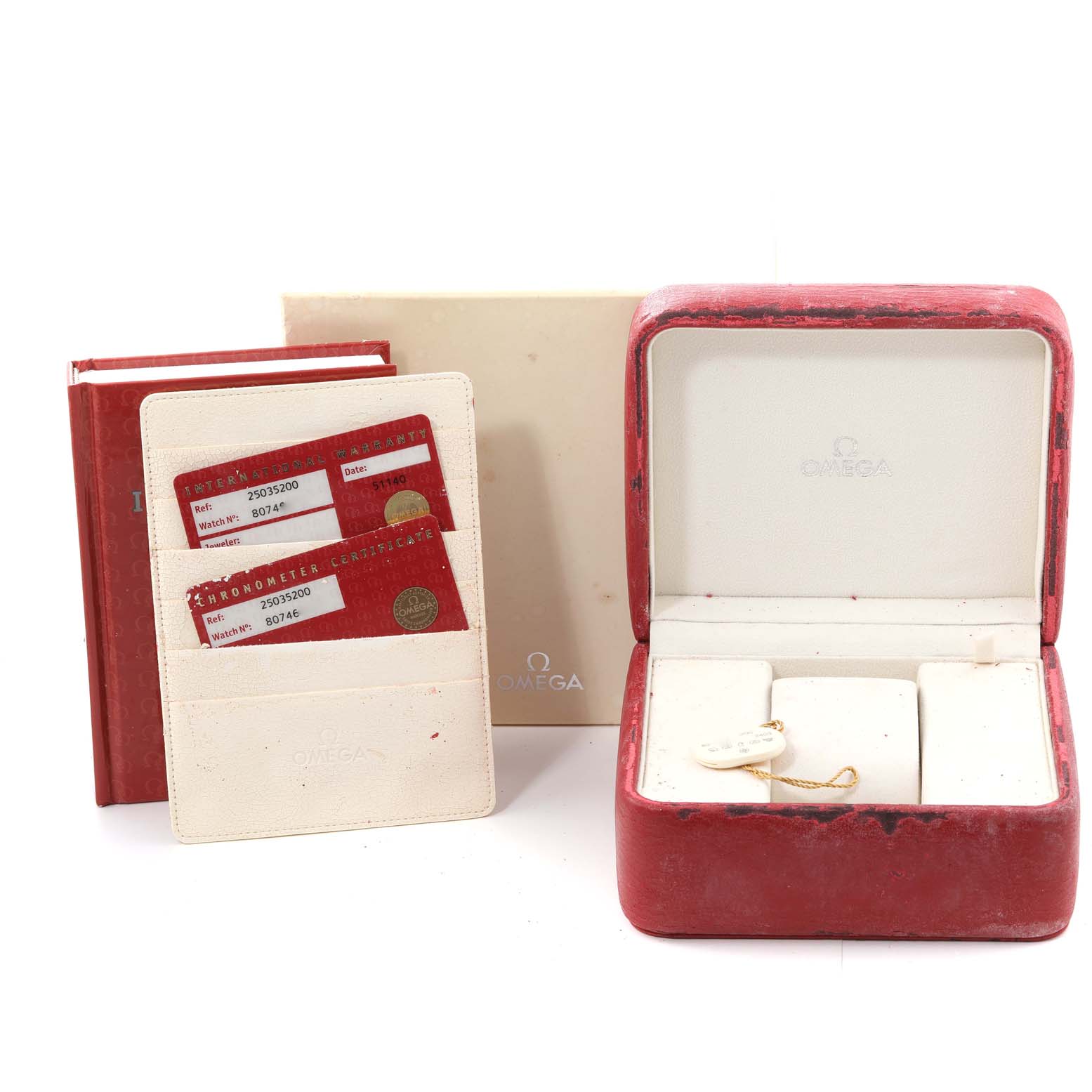 The image shows the Omega Seamaster 2503.52.00 Men's Stainless Steel Black Dial 2503.52.00 Men's Stainless Steel Black Dial watch accessories, including a red watch box, documents, and a cardholder with certificates.