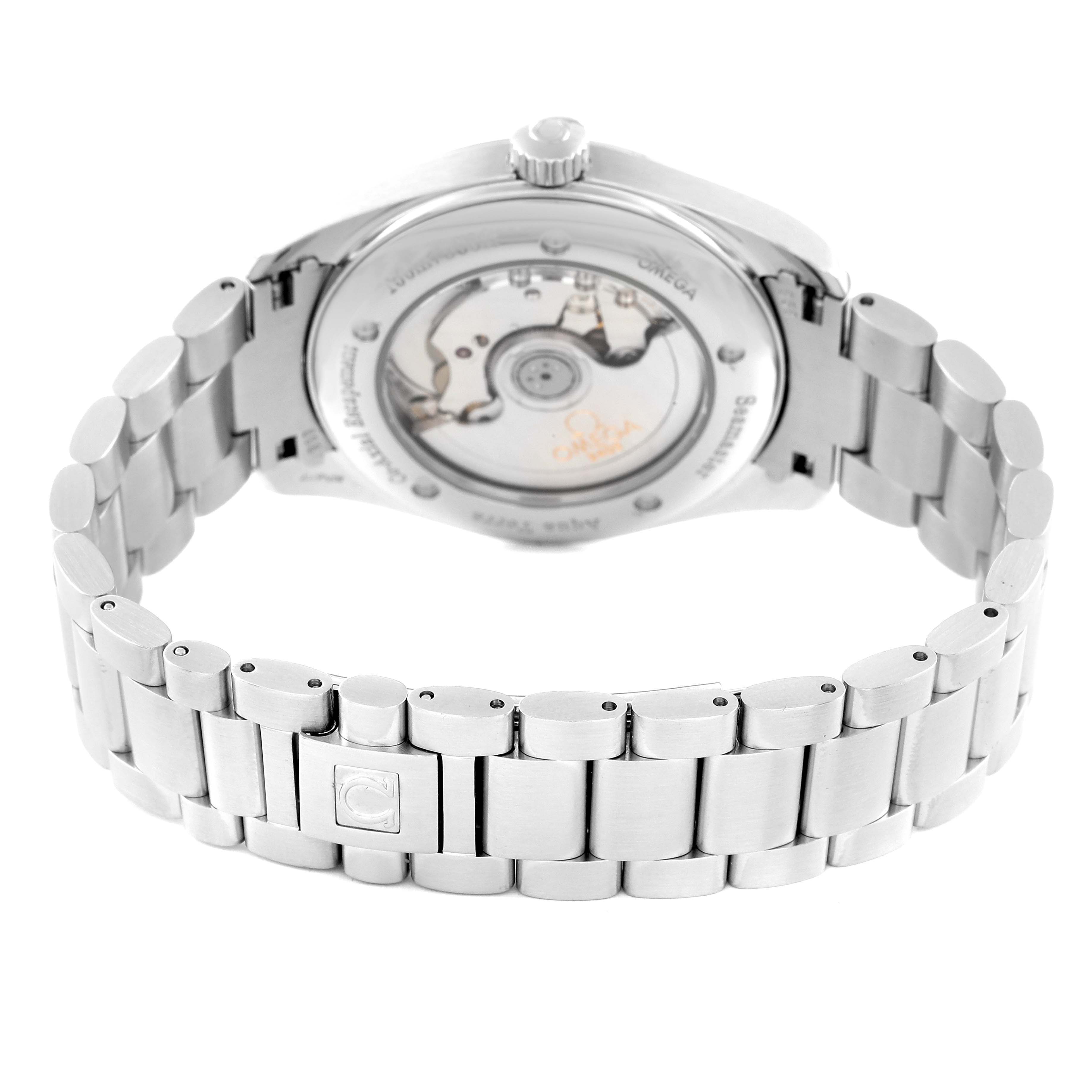 The image shows the back view of an Omega Seamaster 2503.52.00 Men's Stainless Steel Black Dial 2503.52.00 Men's Stainless Steel Black Dial watch, highlighting its stainless steel bracelet and transparent case back.