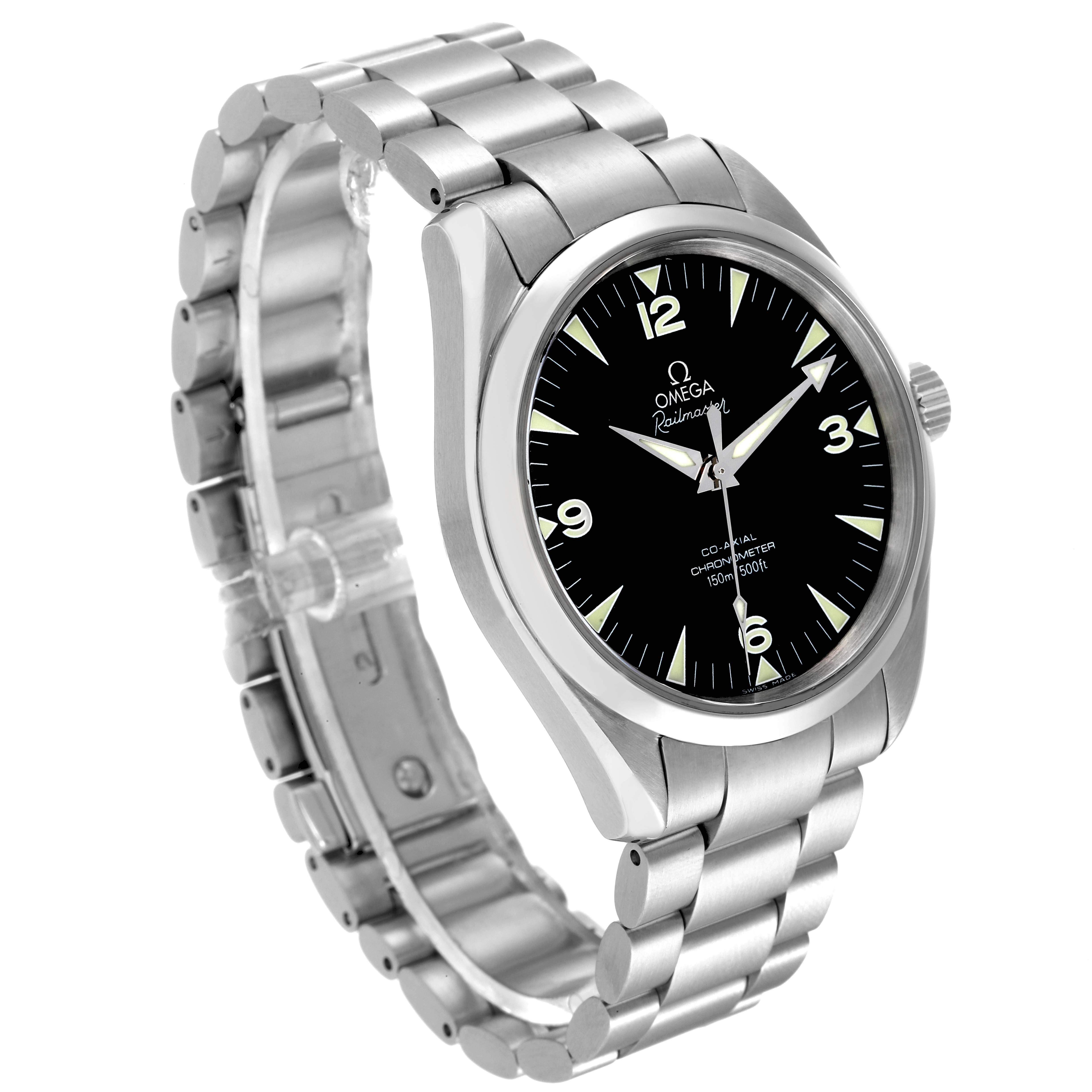 The image shows a side and front angle of an Omega Seamaster 2503.52.00 Men's Stainless Steel Black Dial 2503.52.00 Men's Stainless Steel Black Dial watch, highlighting its stainless steel bracelet and black dial.