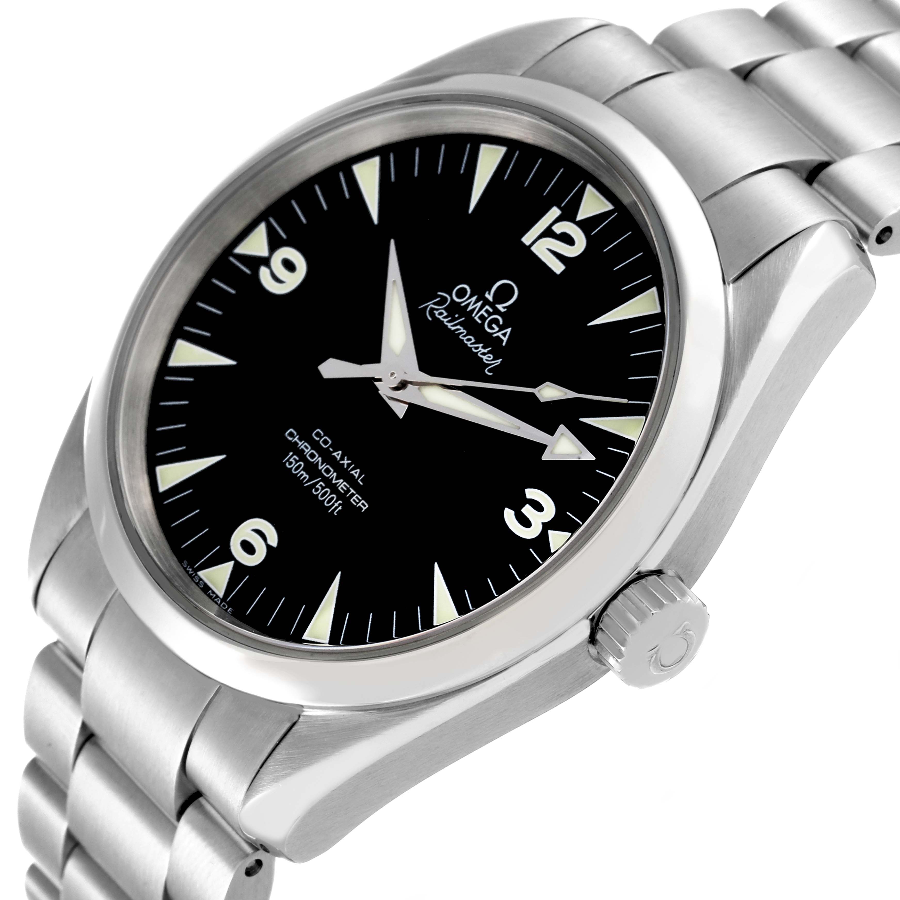 The Omega Seamaster 2503.52.00 Men's Stainless Steel Black Dial 2503.52.00 Men's Stainless Steel Black Dial watch is shown from an angled view, highlighting the dial, bezel, crown, and stainless steel bracelet.