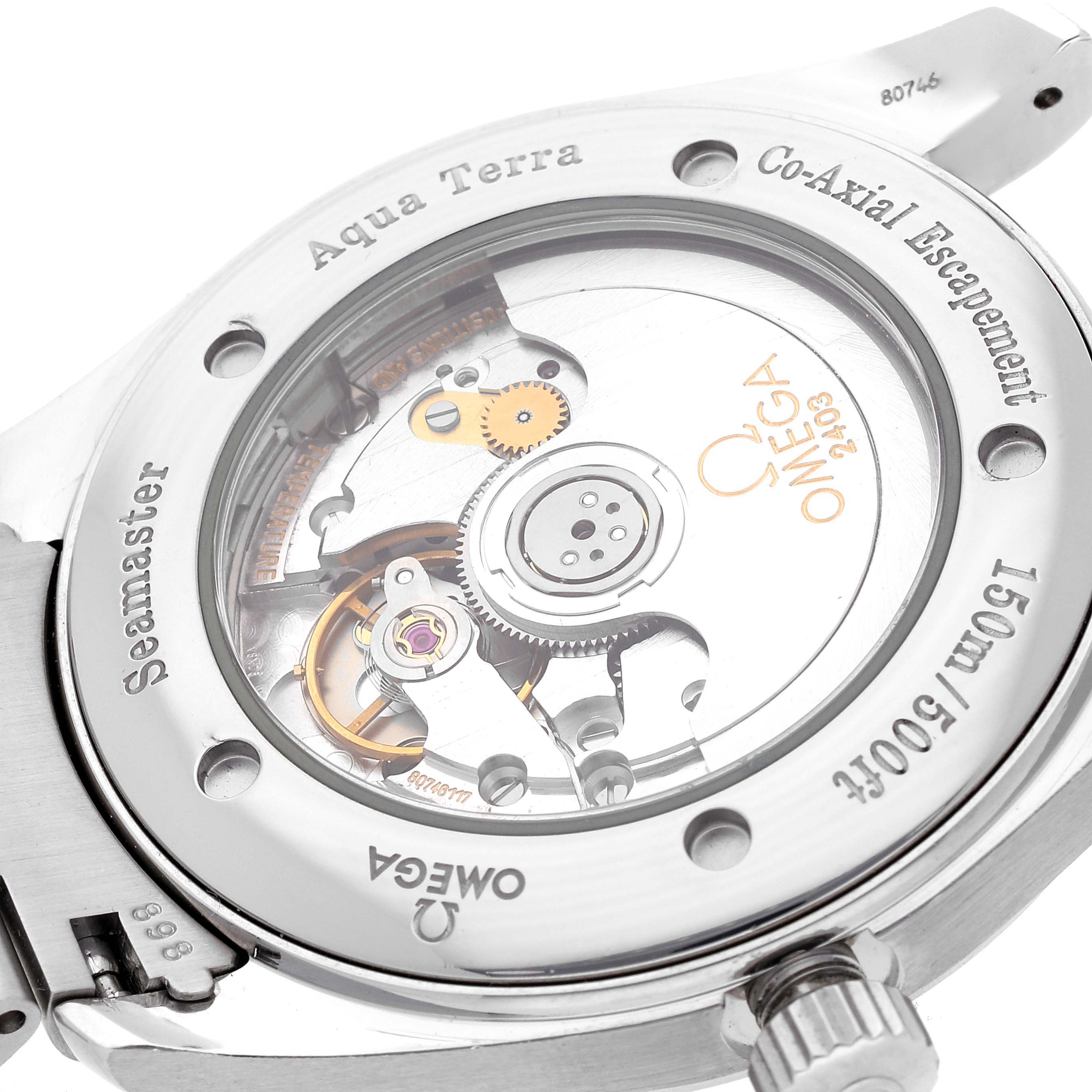 The image shows the back case of an Omega Seamaster 2503.52.00 Men's Stainless Steel Black Dial 2503.52.00 Men's Stainless Steel Black Dial Aqua Terra watch, highlighting its Co-Axial Escapement mechanism.