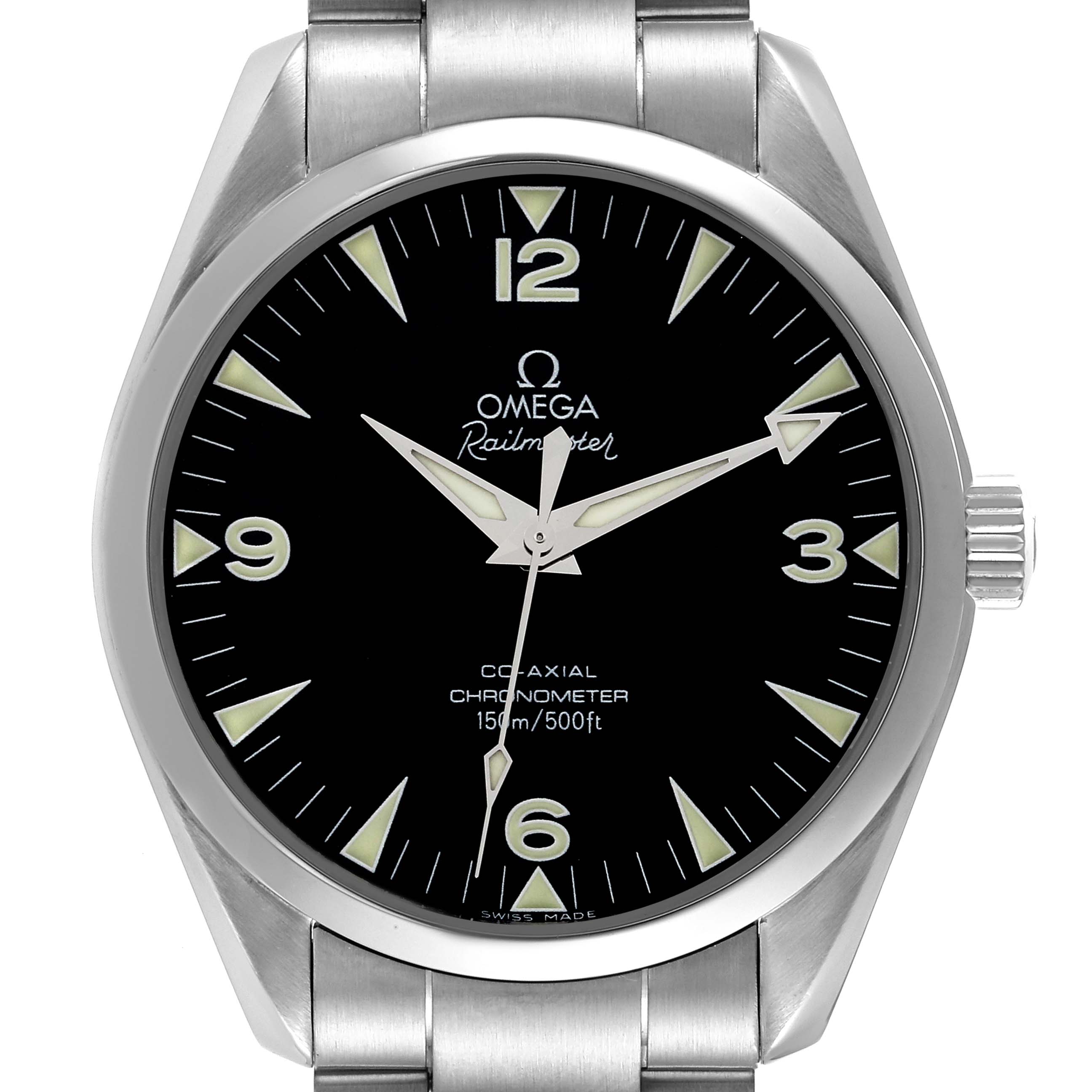 Front view of the Omega Seamaster 2503.52.00 Men's Stainless Steel Black Dial 2503.52.00 Men's Stainless Steel Black Dial watch showing the dial, bezel, and metal bracelet.