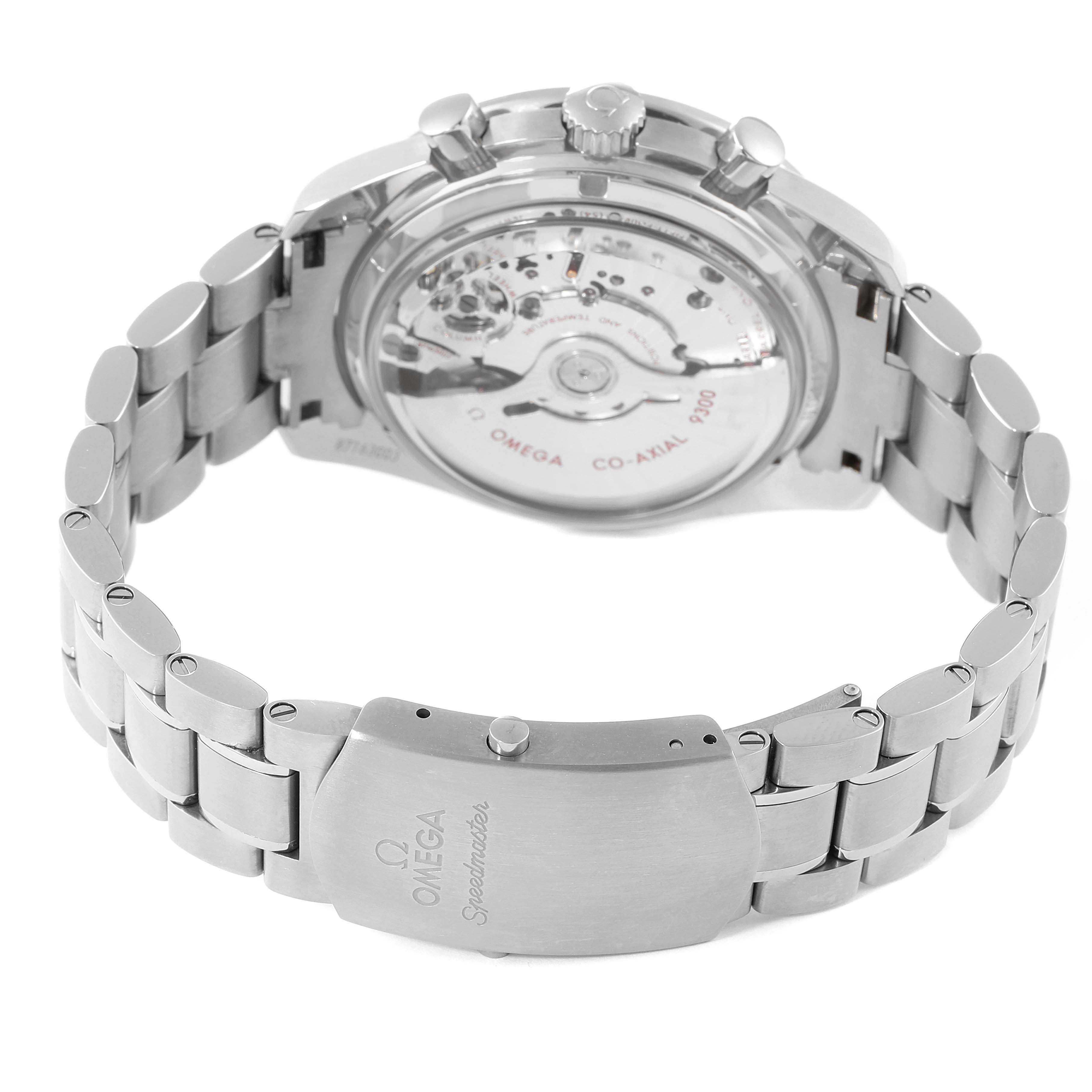 The image shows the back view of an Omega Speedmaster 311.90.44.51.03.001 Men's Titanium Blue Dial 311.90.44.51.03.001 Men's Titanium Blue Dial, displaying its Co-Axial 9300 movement and stainless steel bracelet.