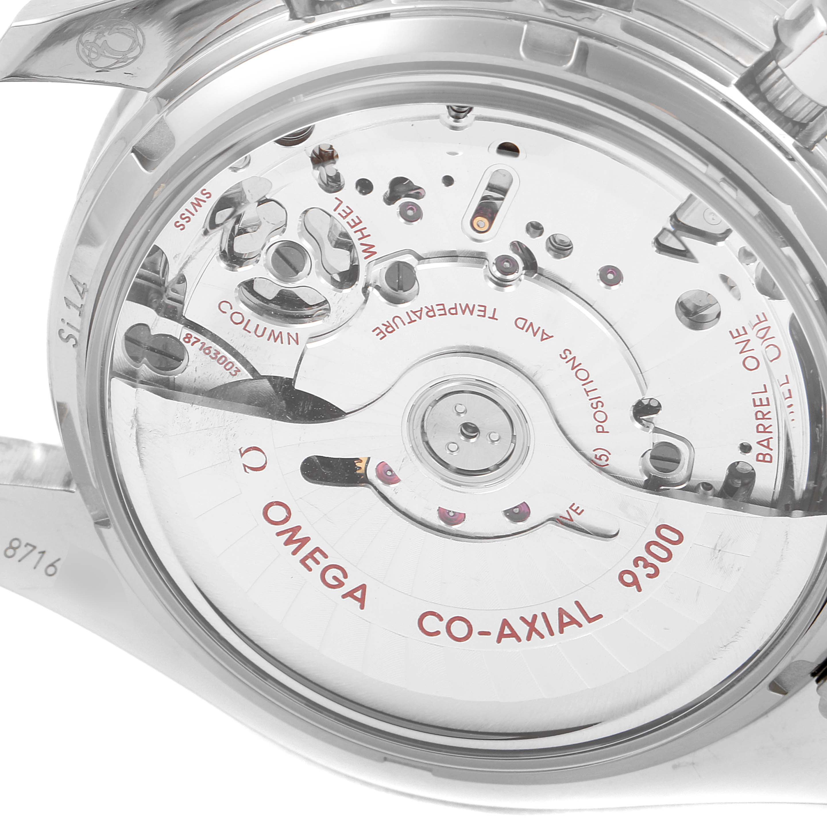 The image shows the back view of the Omega Speedmaster 311.90.44.51.03.001 Men's Titanium Blue Dial 311.90.44.51.03.001 Men's Titanium Blue Dial, revealing its Co-Axial 9300 movement.