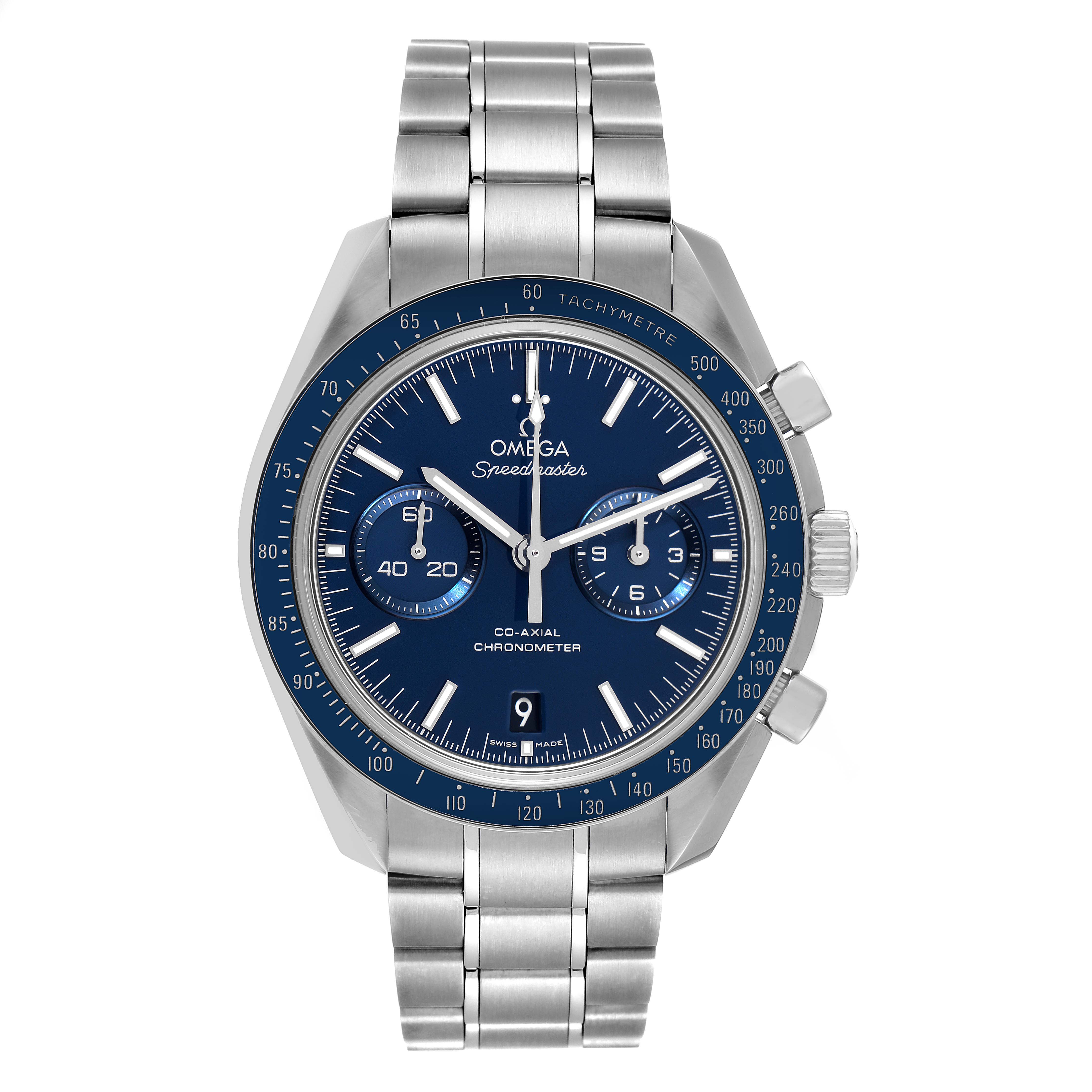 This image shows a front view of the Omega Speedmaster 311.90.44.51.03.001 Men's Titanium Blue Dial 311.90.44.51.03.001 Men's Titanium Blue Dial watch, featuring a metal bracelet, tachymeter bezel, and chronograph dials.