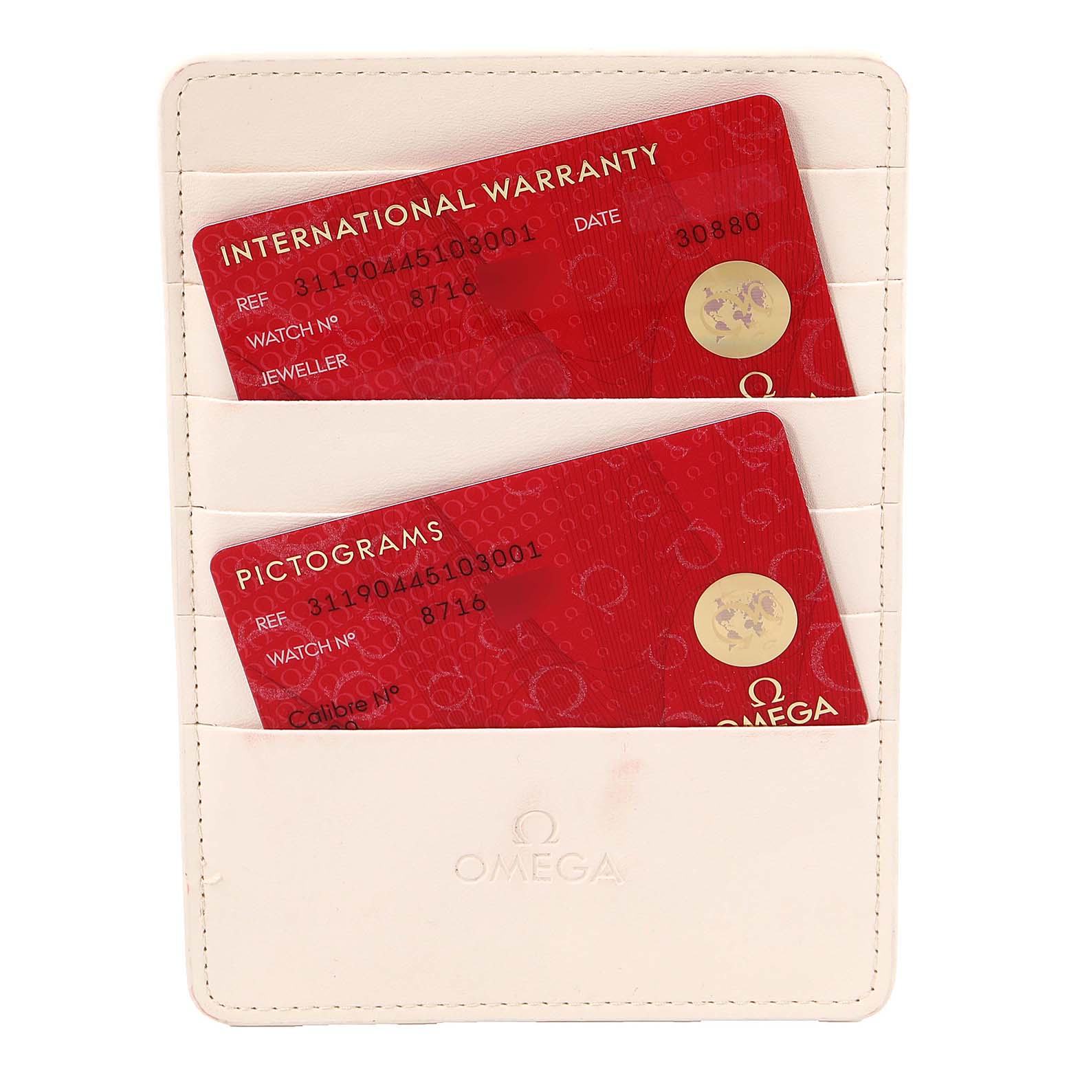 The image shows an Omega Speedmaster 311.90.44.51.03.001 Men's Titanium Blue Dial 311.90.44.51.03.001 Men's Titanium Blue Dial model's white cardholder with visible warranty and pictogram cards.