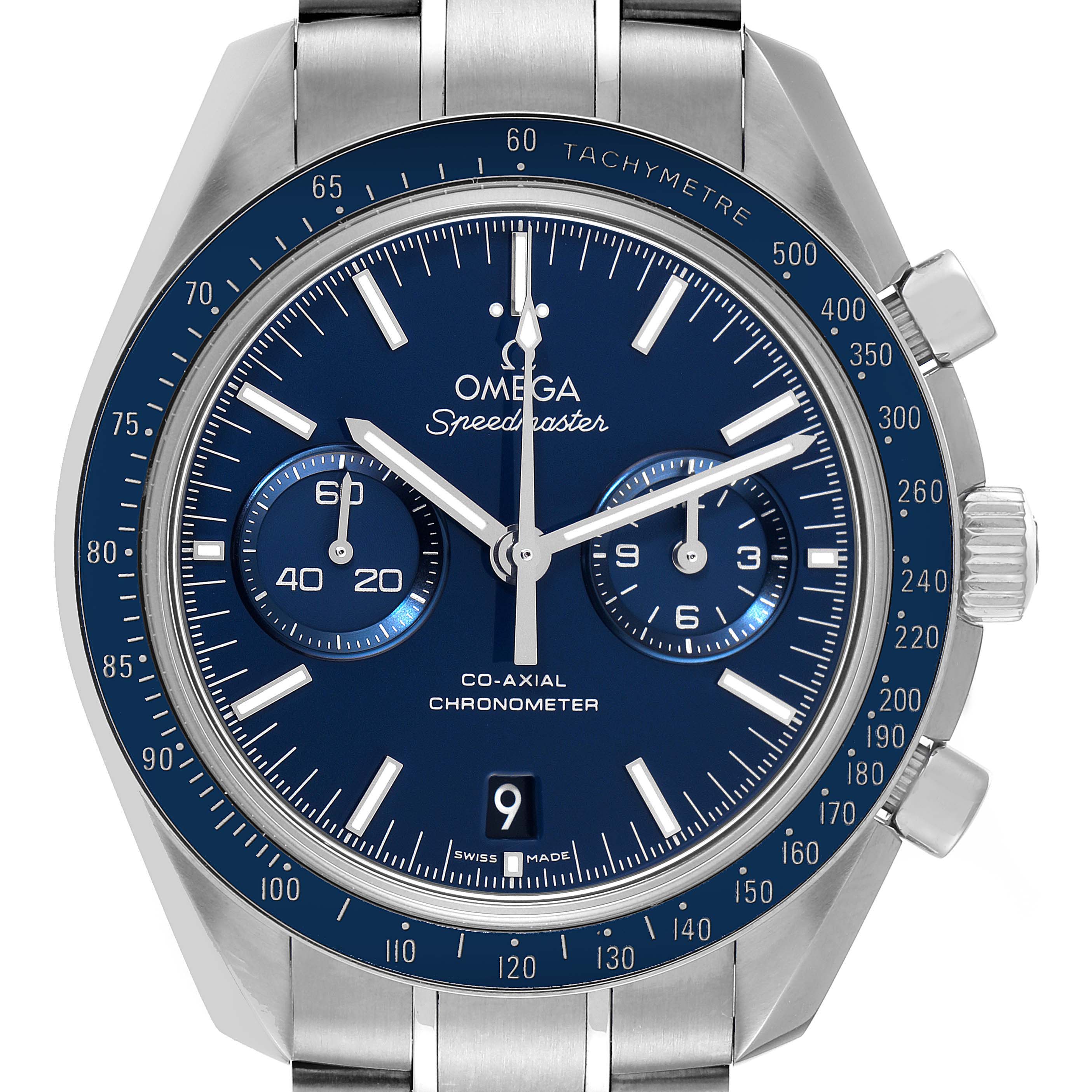 The image shows a front-facing Omega Speedmaster 311.90.44.51.03.001 Men's Titanium Blue Dial 311.90.44.51.03.001 Men's Titanium Blue Dial watch, highlighting the dial, chronograph subdials, and tachymetre bezel.