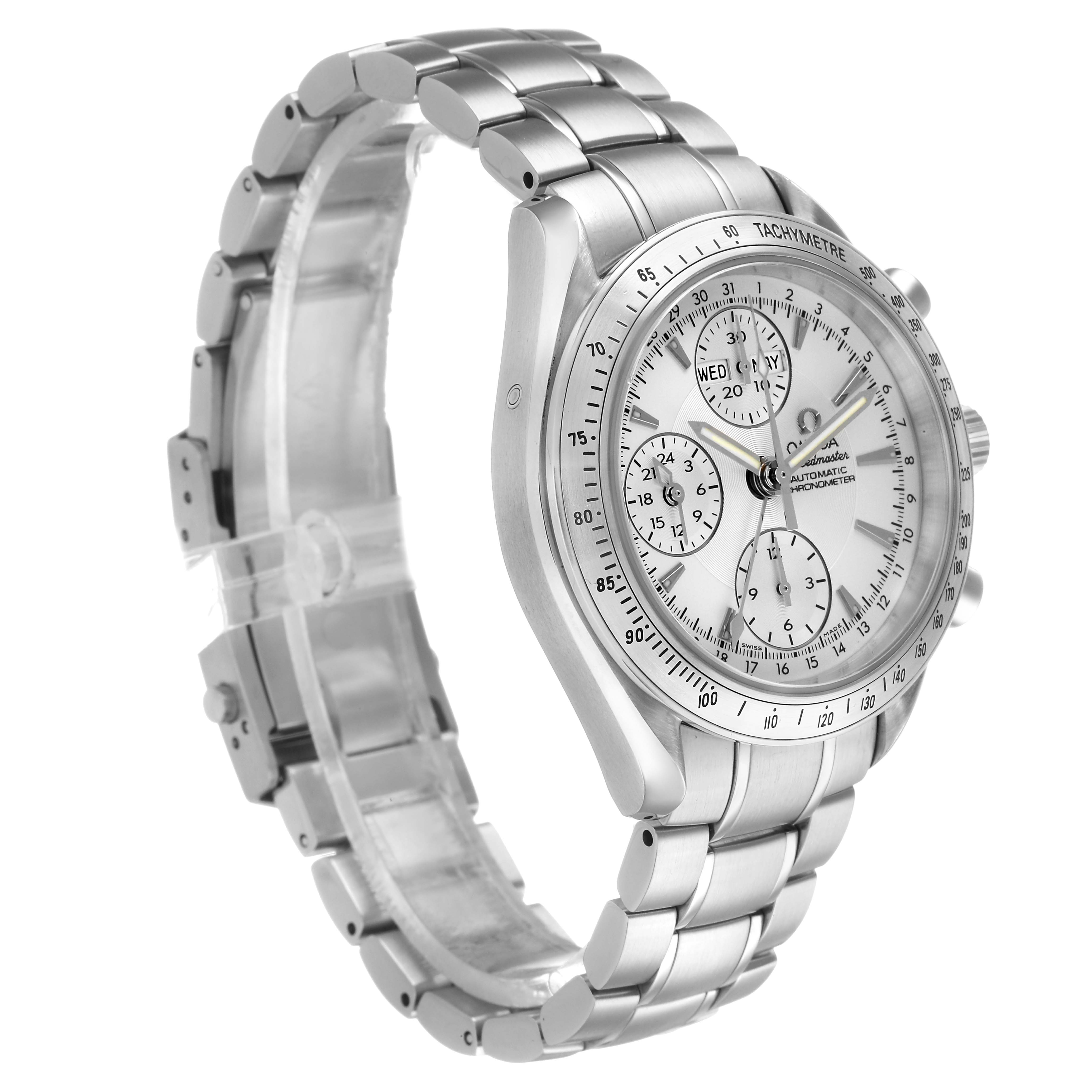 The Omega Speedmaster 3221.30.00 Men's Stainless Steel Silver Dial watch is shown at a three-quarter angle, displaying the dial, case, bezel, and full bracelet.