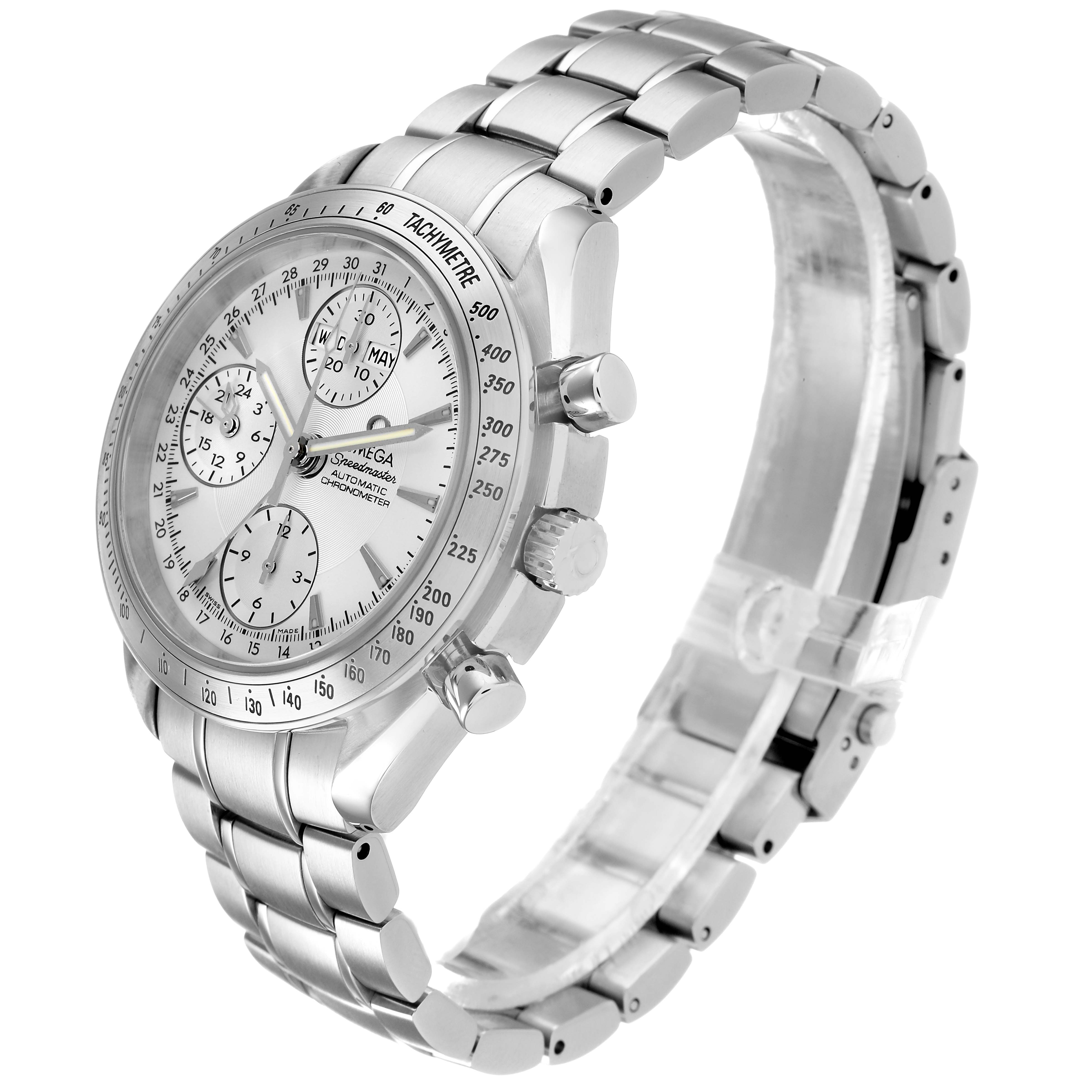 The Omega Speedmaster 3221.30.00 Men's Stainless Steel Silver Dial is shown at a three-quarter angle, displaying its face, bezel, sub-dials, and metal bracelet.