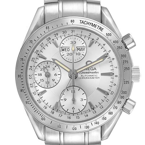 The Omega Speedmaster 3221.30.00 Men's Stainless Steel Silver Dial watch is shown from the front, displaying its tachymetric bezel and subdials for day and date.