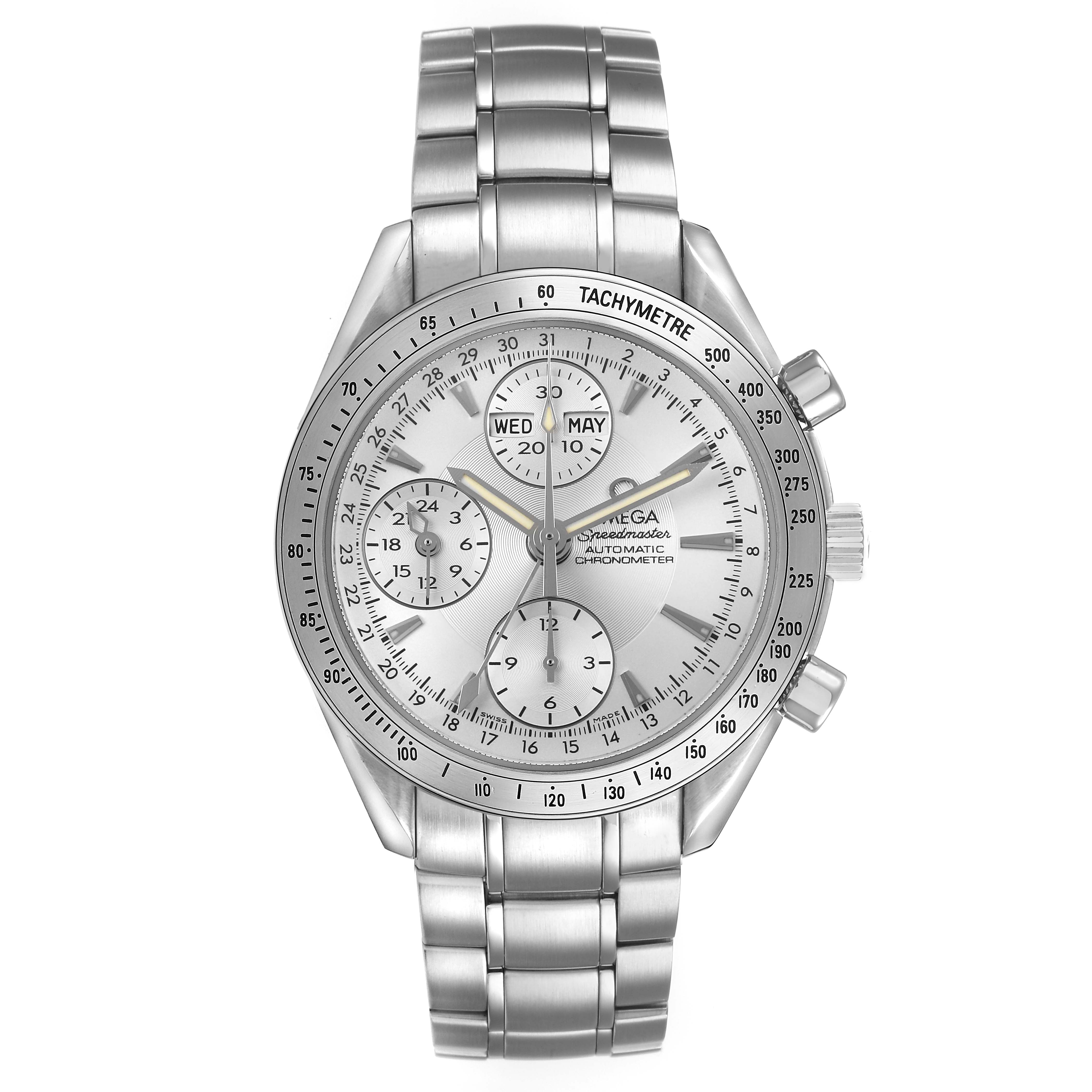 The Omega Speedmaster 3221.30.00 Men's Stainless Steel Silver Dial watch is shown from the front, displaying its dial, subdials, tachymeter bezel, and metal bracelet.