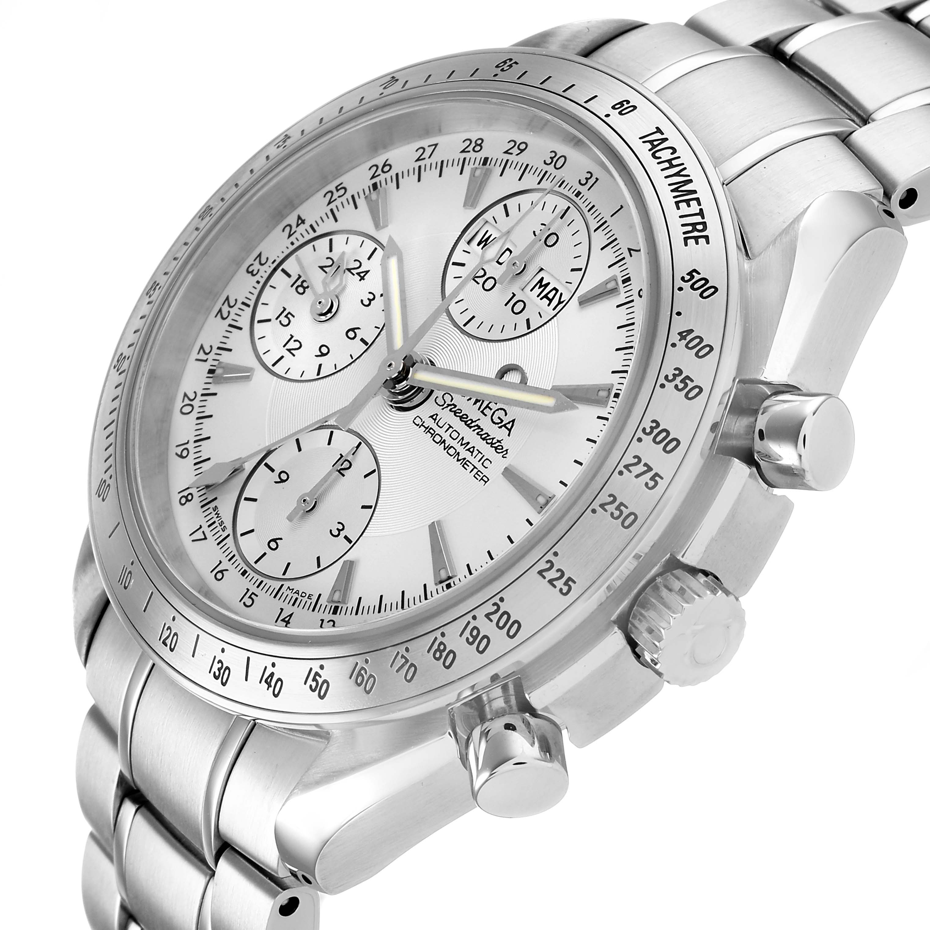 The Omega Speedmaster 3221.30.00 Men's Stainless Steel Silver Dial watch is shown from a slight side angle, revealing the dial, subdials, crown, pushers, and bracelet.