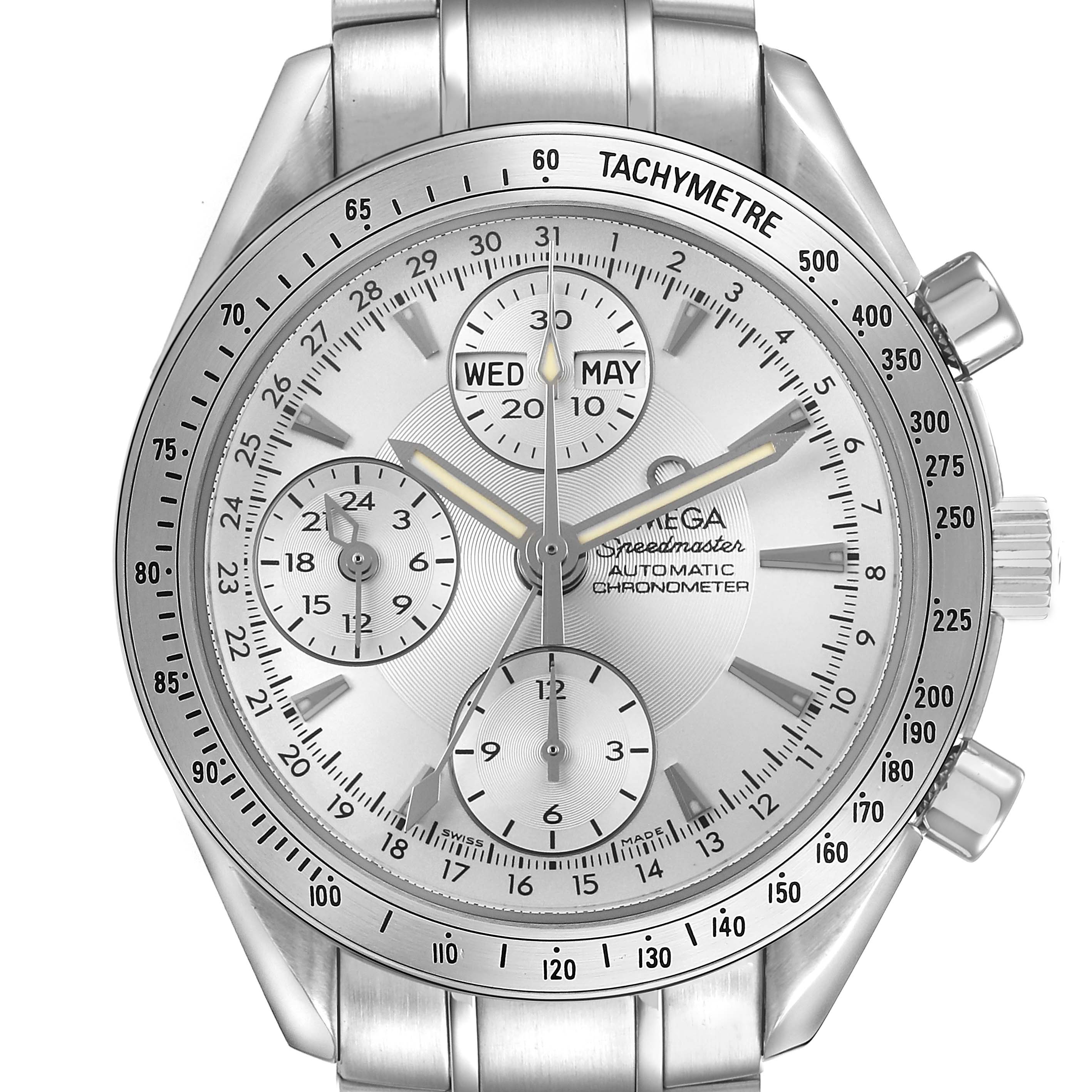 The image shows a frontal view of the Omega Speedmaster 3221.30.00 Men's Stainless Steel Silver Dial watch, highlighting the dials and tachymetric scale.