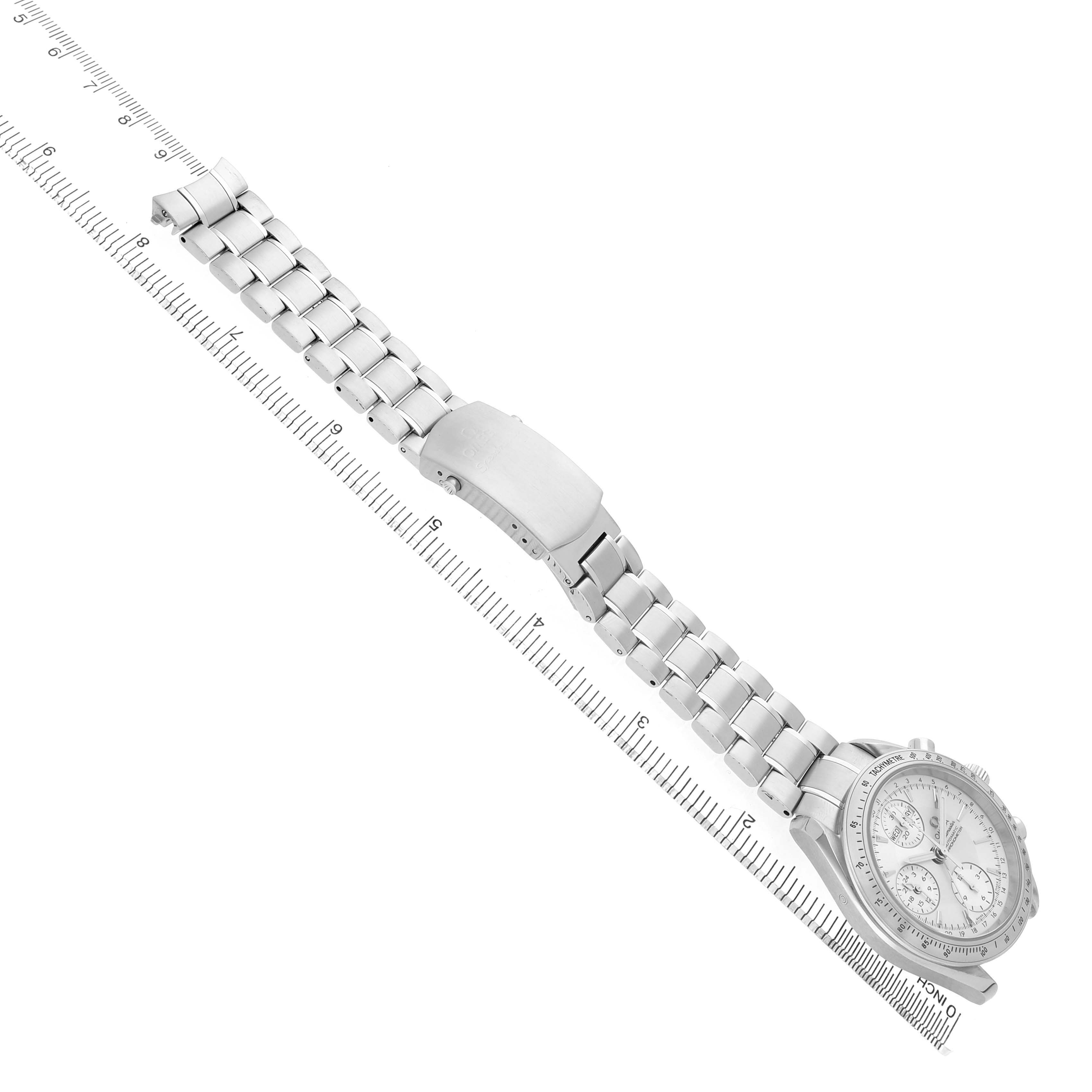 The Omega Speedmaster 3221.30.00 Men's Stainless Steel Silver Dial watch is shown at an angled top view, highlighting the face, bezel, bracelet, and clasp.