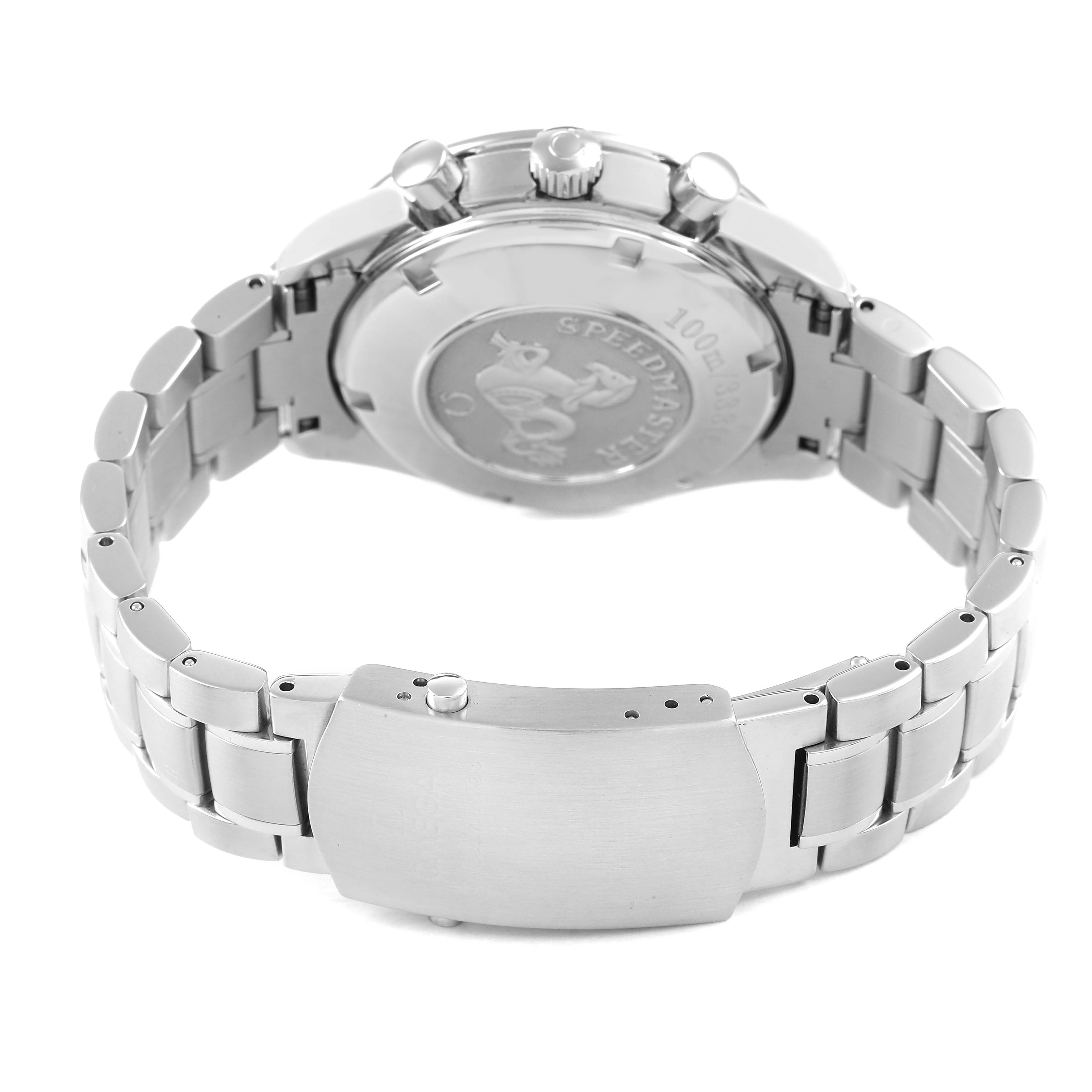 The image shows the Omega Speedmaster 3221.30.00 Men's Stainless Steel Silver Dial model from the back, highlighting the case back, clasp, and bracelet links.