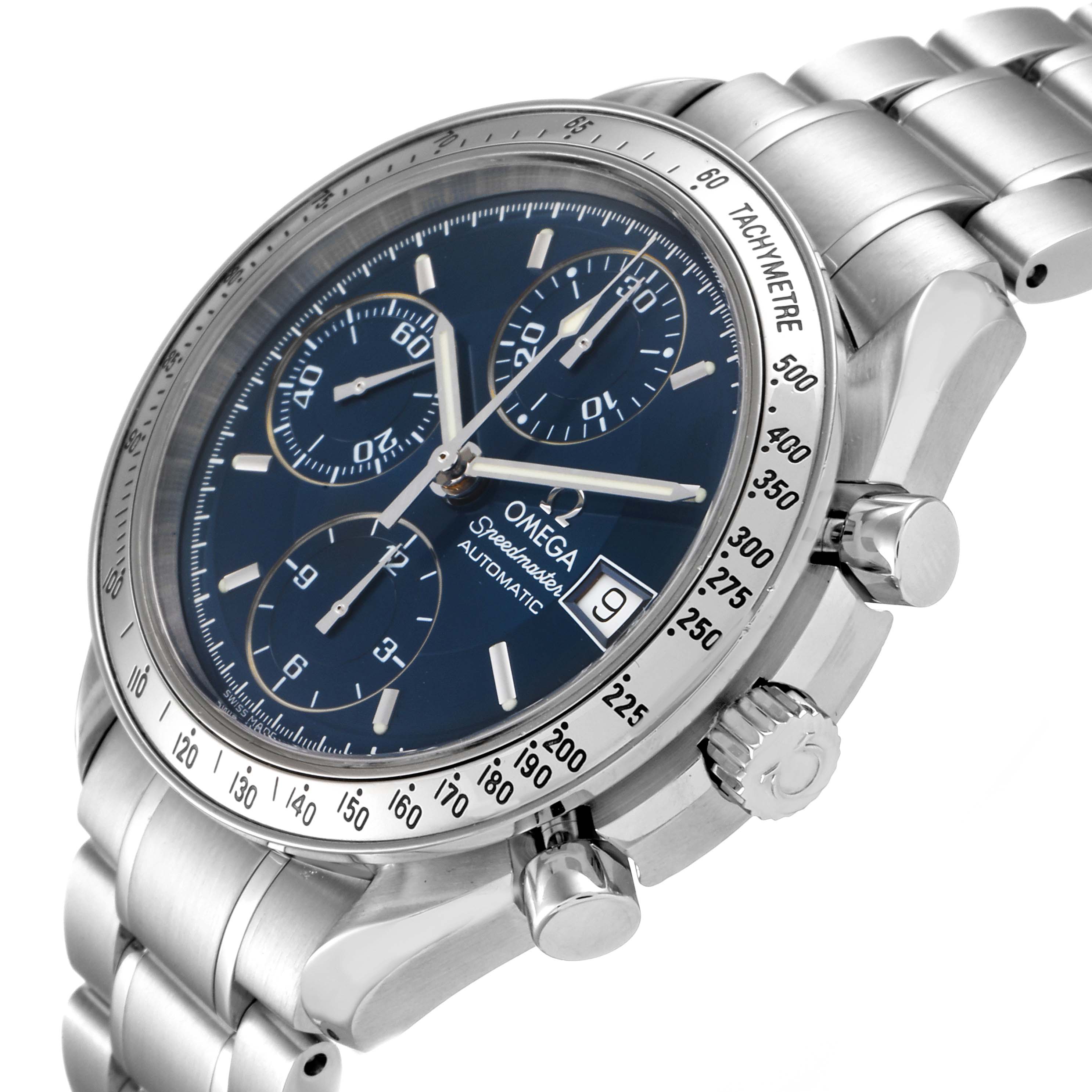 This Omega Speedmaster 3511.80.00 Men
s Stainless Steel Blue Dial 3511.80.00 Men
s Stainless Steel Blue Dial watch is shown from an angled close-up, highlighting the face, bezel, crown, and bracelet.