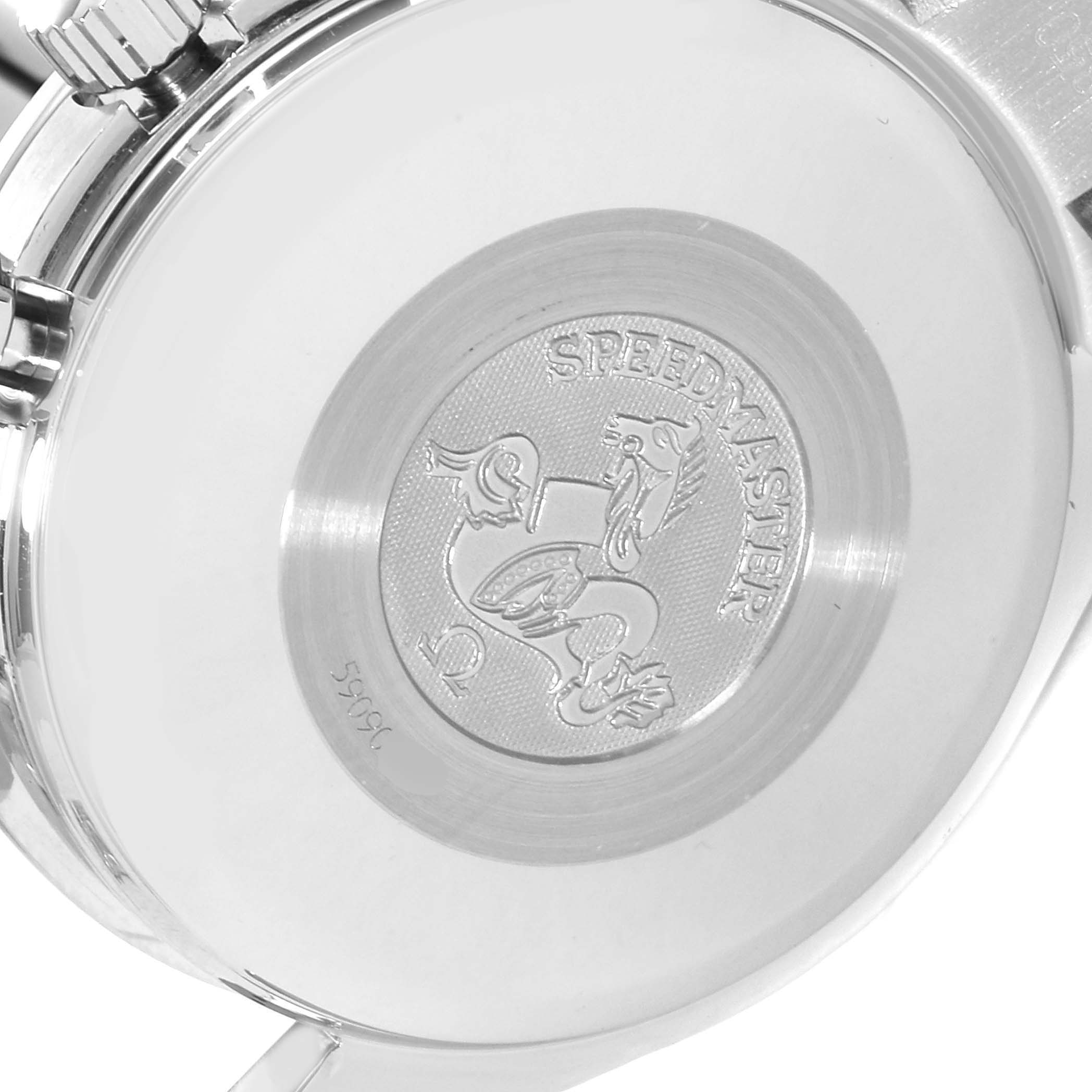 This image shows the engraved case back of an Omega Speedmaster 3511.80.00 Men
s Stainless Steel Blue Dial 3511.80.00 Men
s Stainless Steel Blue Dial watch.