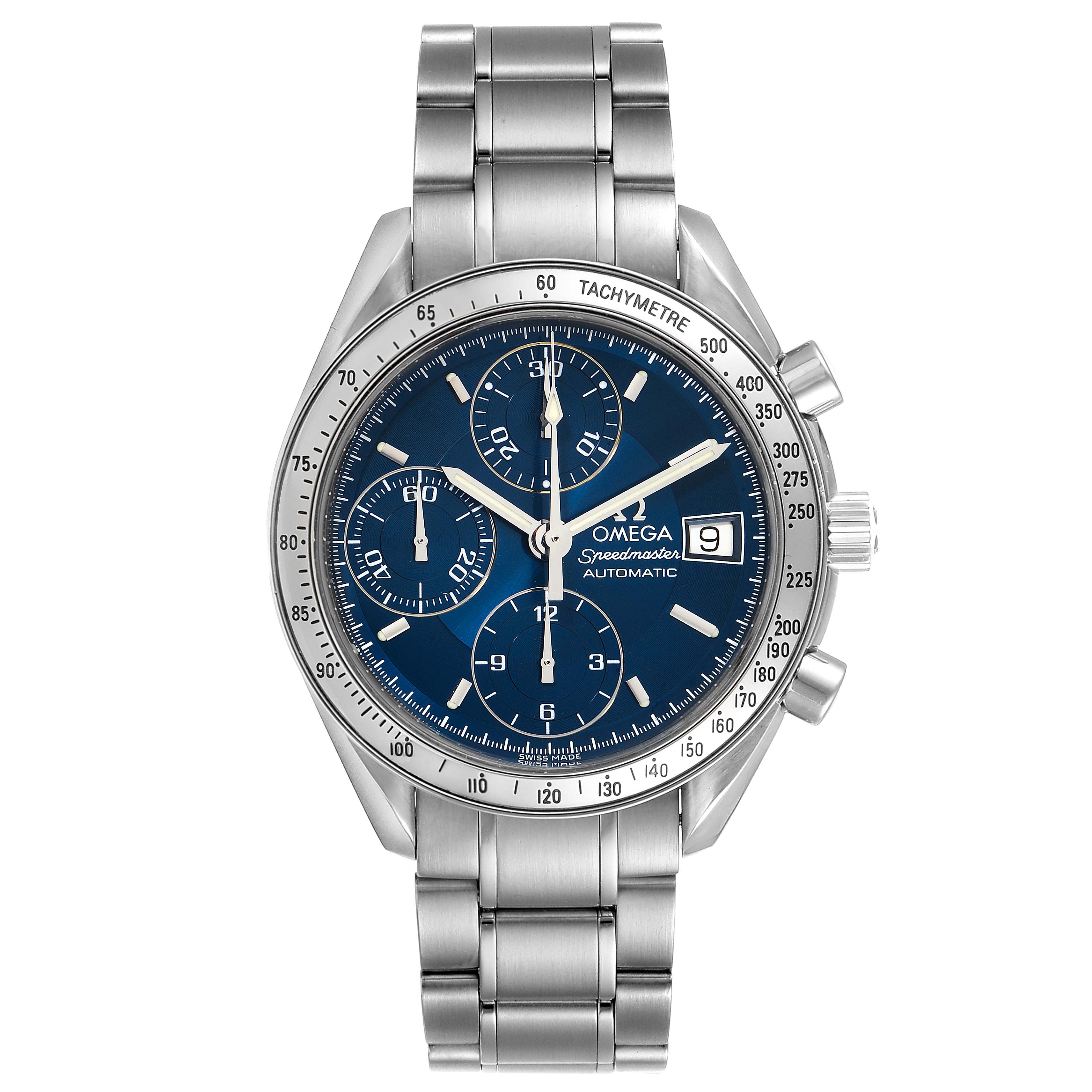 This image shows a frontal view of an Omega Speedmaster 3511.80.00 Men
s Stainless Steel Blue Dial 3511.80.00 Men
s Stainless Steel Blue Dial watch, featuring a blue dial and stainless steel bracelet.