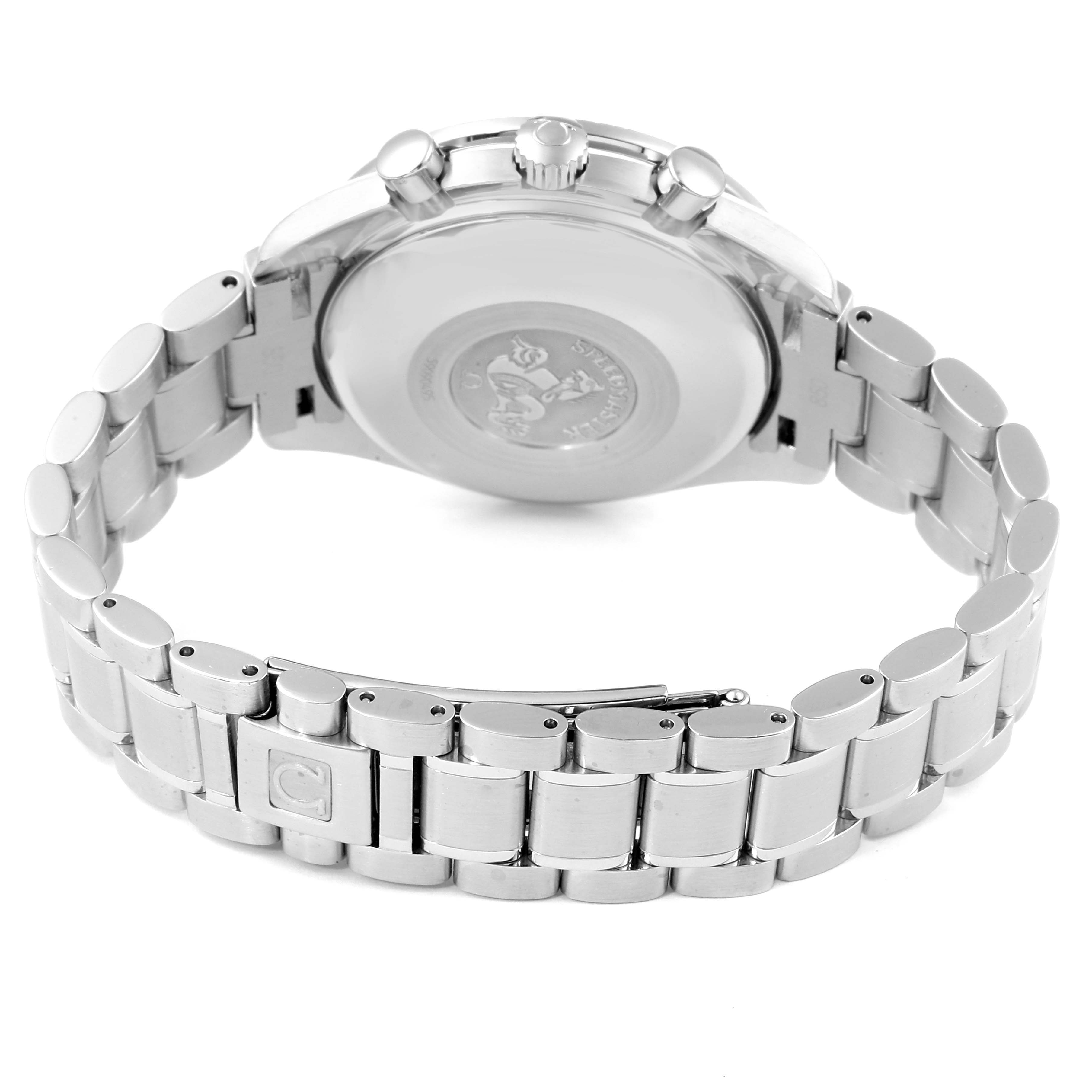 The image features the back and bracelet of an Omega Speedmaster 3511.80.00 Men
s Stainless Steel Blue Dial 3511.80.00 Men
s Stainless Steel Blue Dial watch, including the case back and clasp.