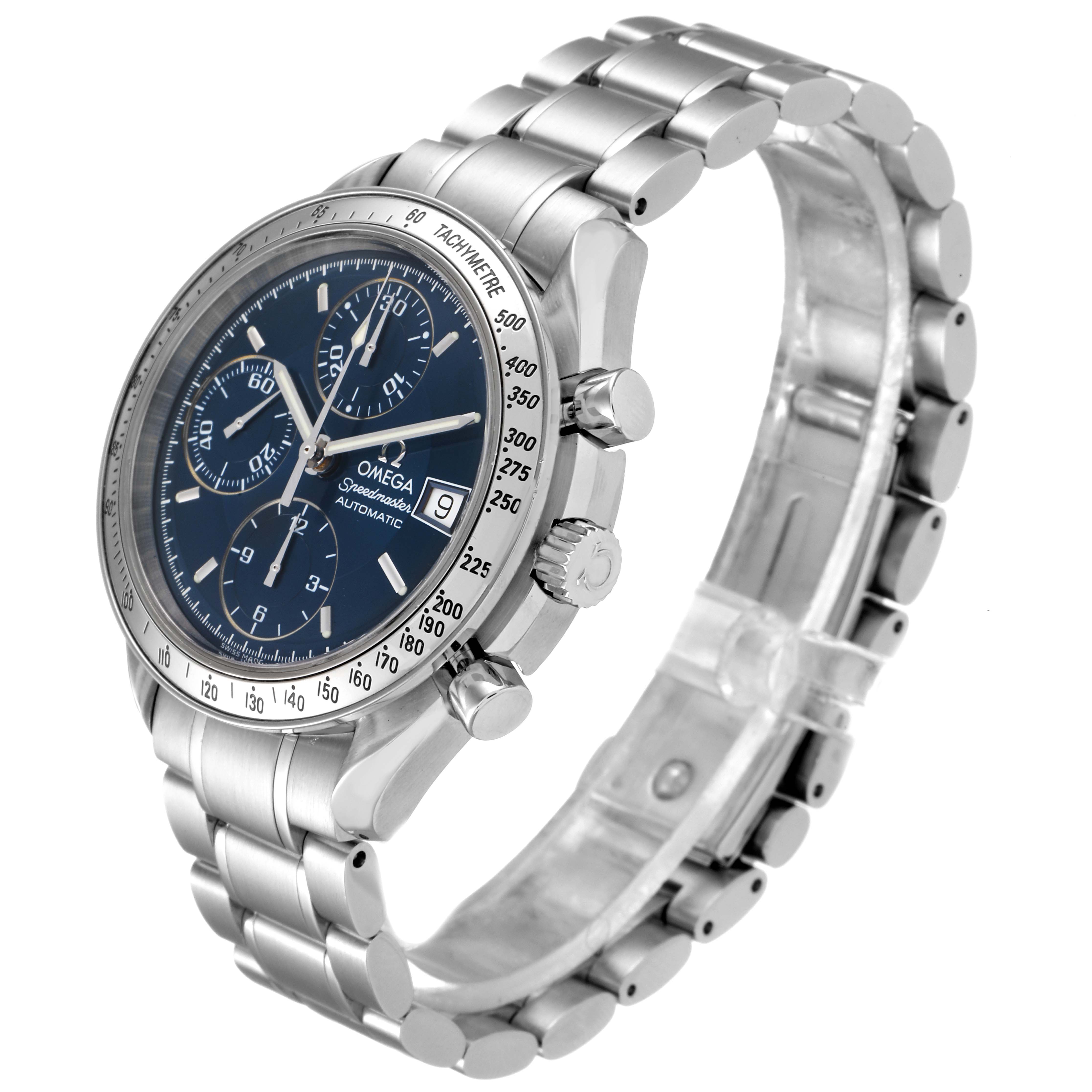A side angled view of the Omega Speedmaster 3511.80.00 Men
s Stainless Steel Blue Dial 3511.80.00 Men
s Stainless Steel Blue Dial watch showing the dial, chronograph subdials, date window, and stainless steel bracelet.