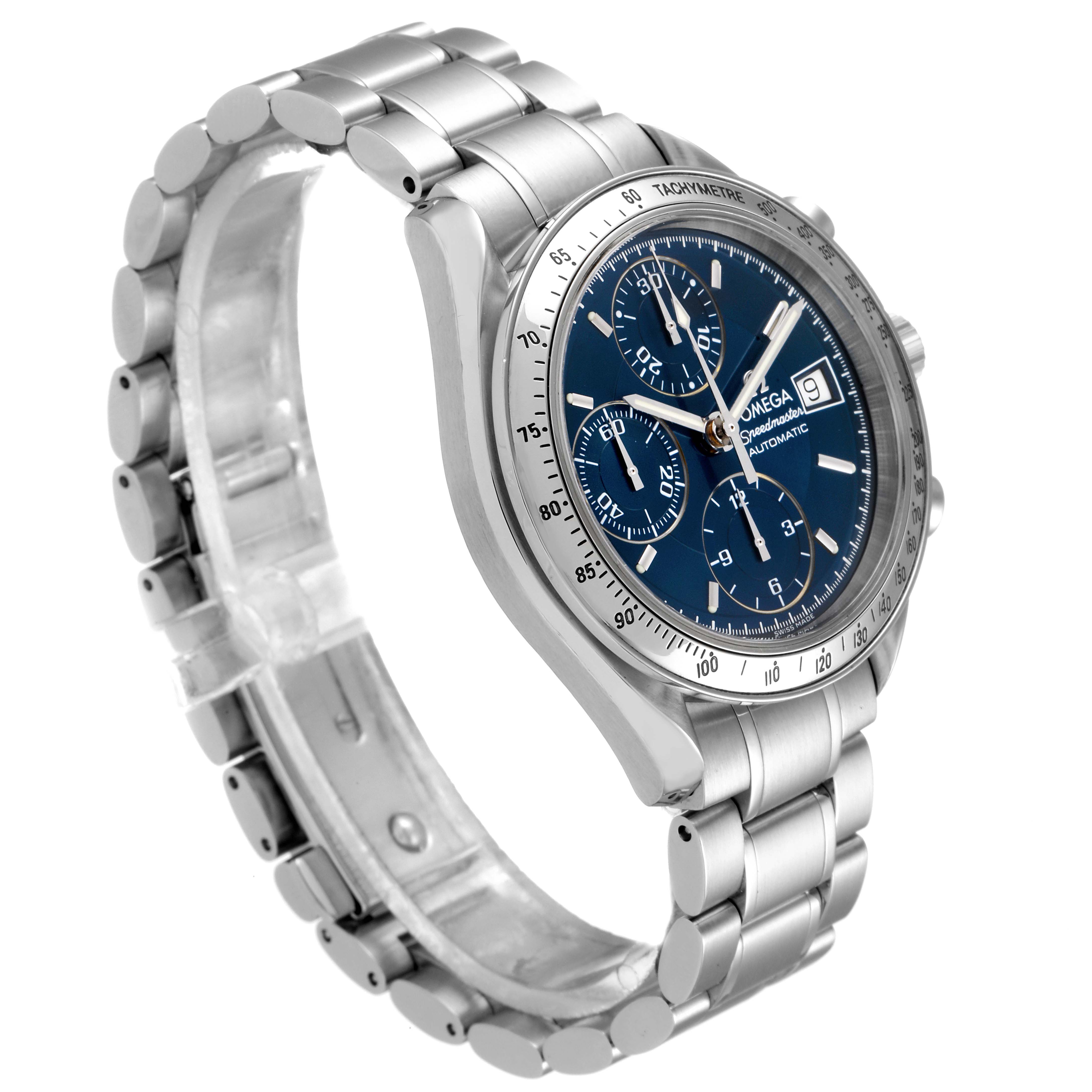 This is a close-up angled view of an Omega Speedmaster 3511.80.00 Men
s Stainless Steel Blue Dial 3511.80.00 Men
s Stainless Steel Blue Dial watch, showcasing the dial, bracelet, and tachymeter bezel.