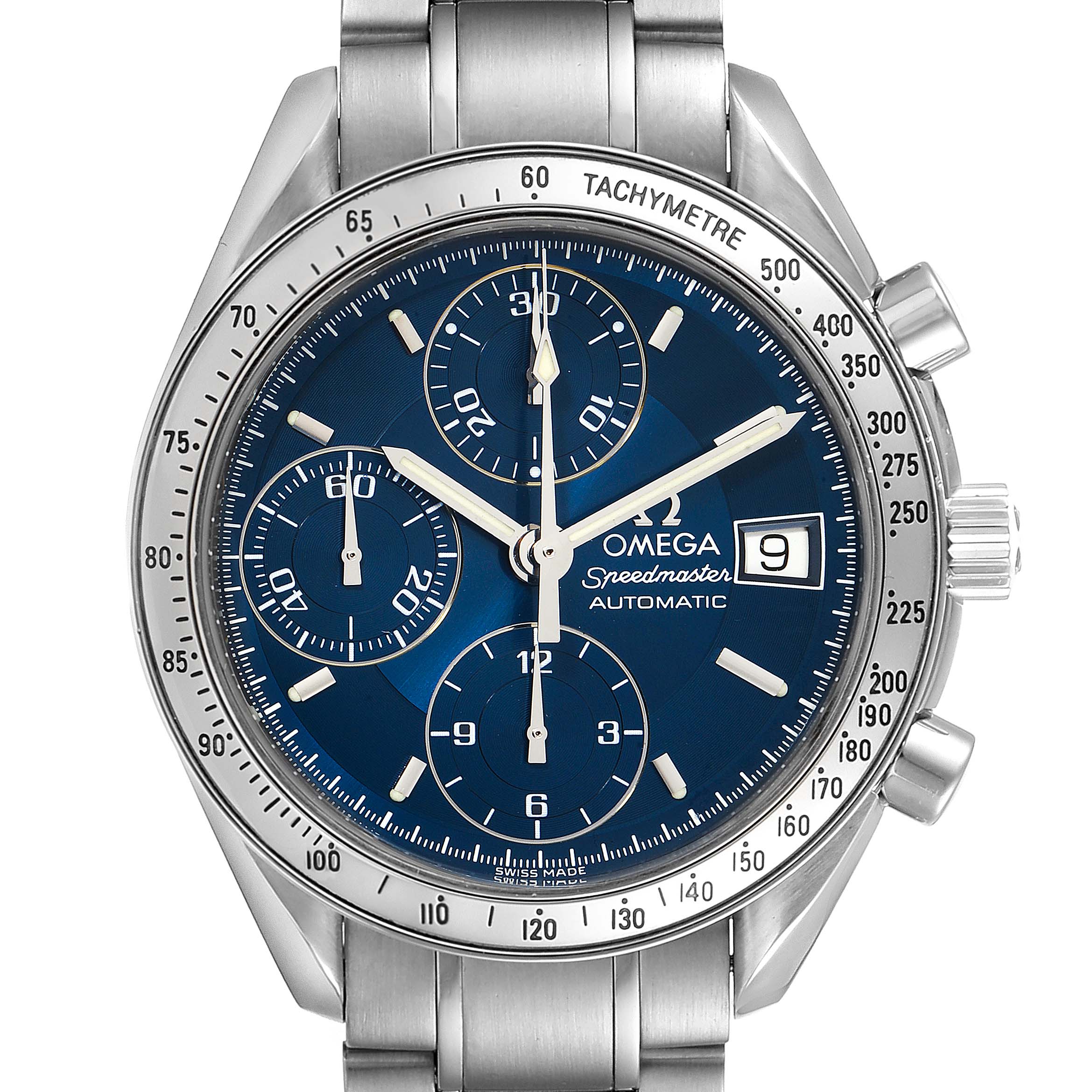 The image shows a frontal view of the Omega Speedmaster 3511.80.00 Men
s Stainless Steel Blue Dial 3511.80.00 Men
s Stainless Steel Blue Dial watch, with a blue dial, silver bracelet, and visible date window.