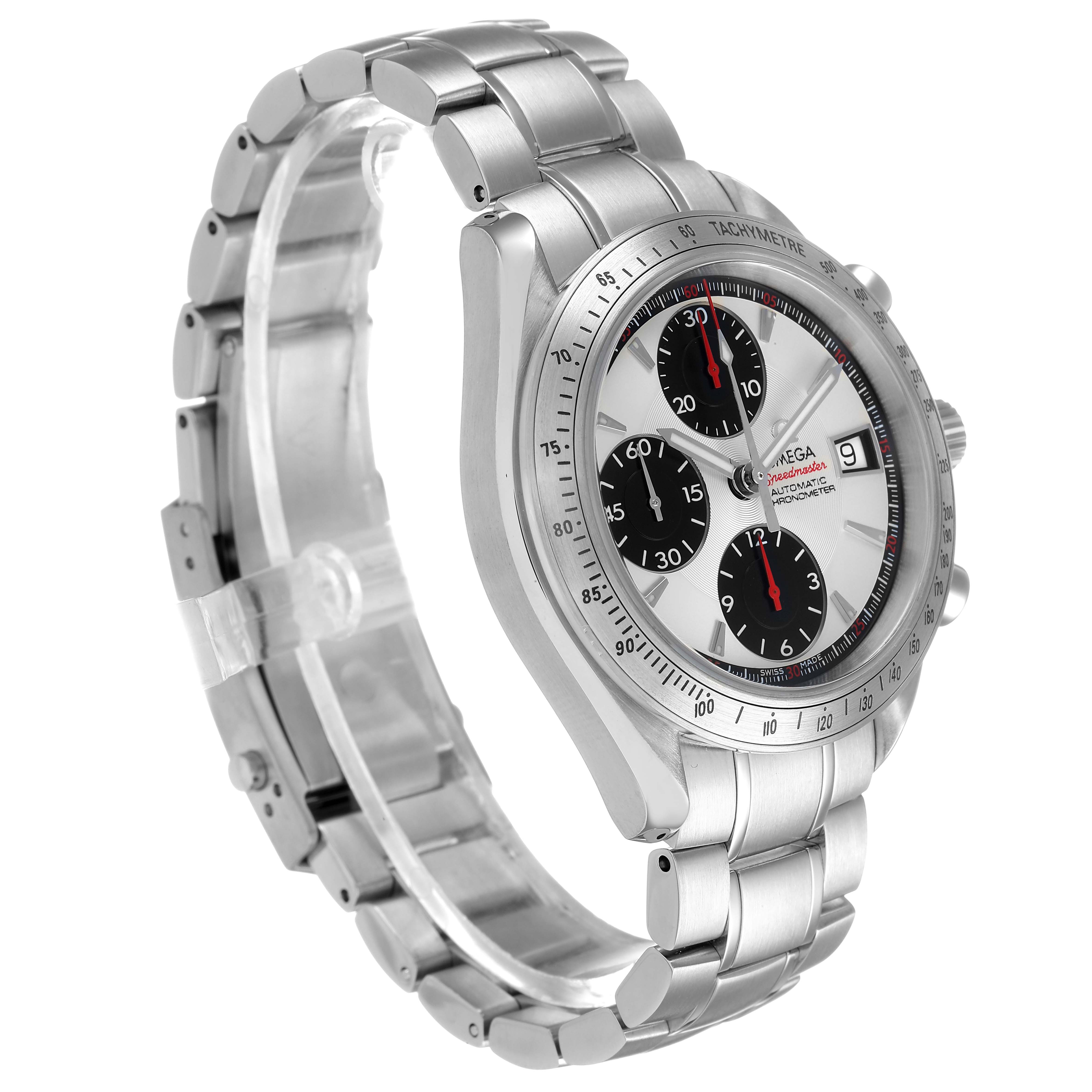 The Omega Speedmaster 3211.31.00 Men's Stainless Steel Silver Dial watch is shown at a three-quarter angle, highlighting the face, bezel, crown, and bracelet.