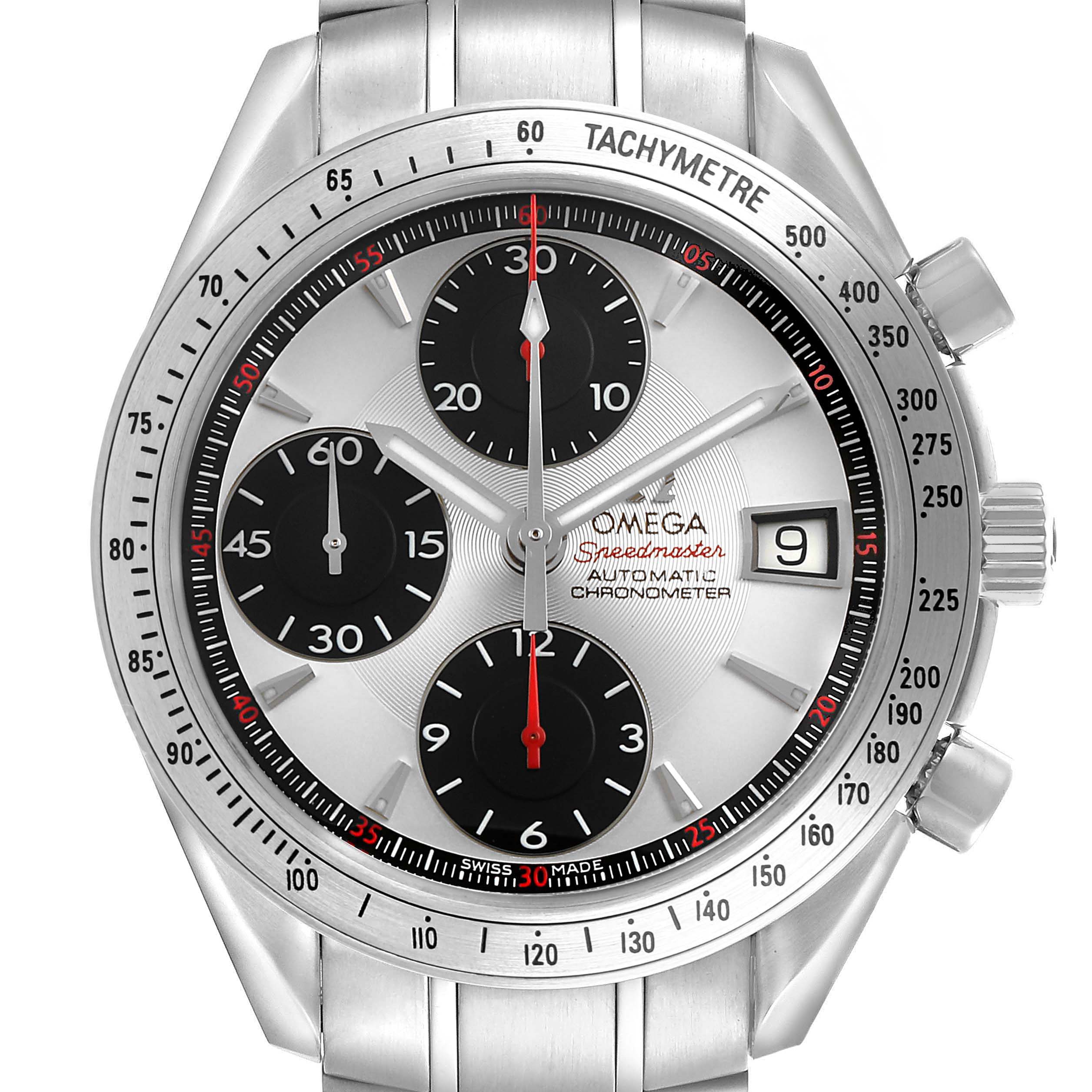 The Omega Speedmaster 3211.31.00 Men's Stainless Steel Silver Dial watch is shown from a front angle, displaying the dial, subdials, crown, and bezel with tachymetric scale.