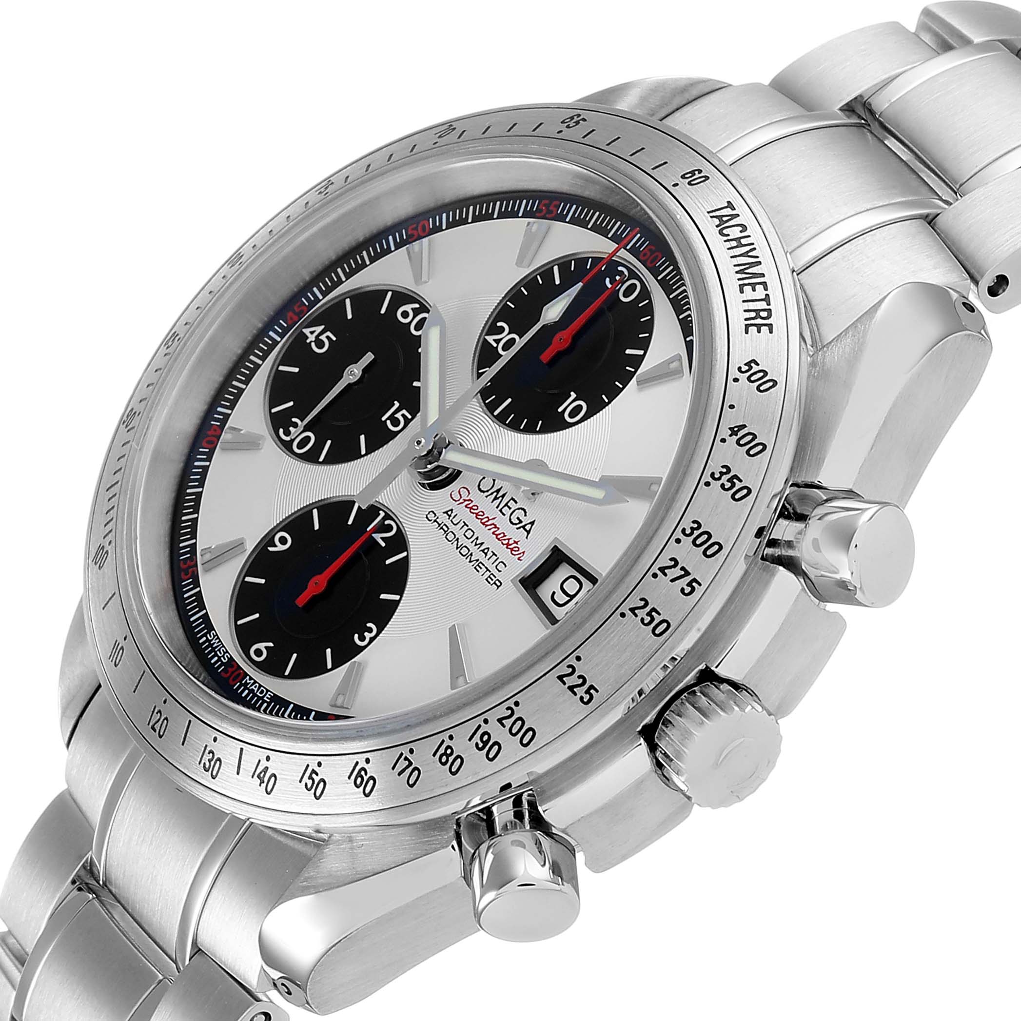 The Omega Speedmaster 3211.31.00 Men's Stainless Steel Silver Dial watch is shown from a side angle highlighting the bezel, chronograph dials, tachymeter scale, and bracelet.