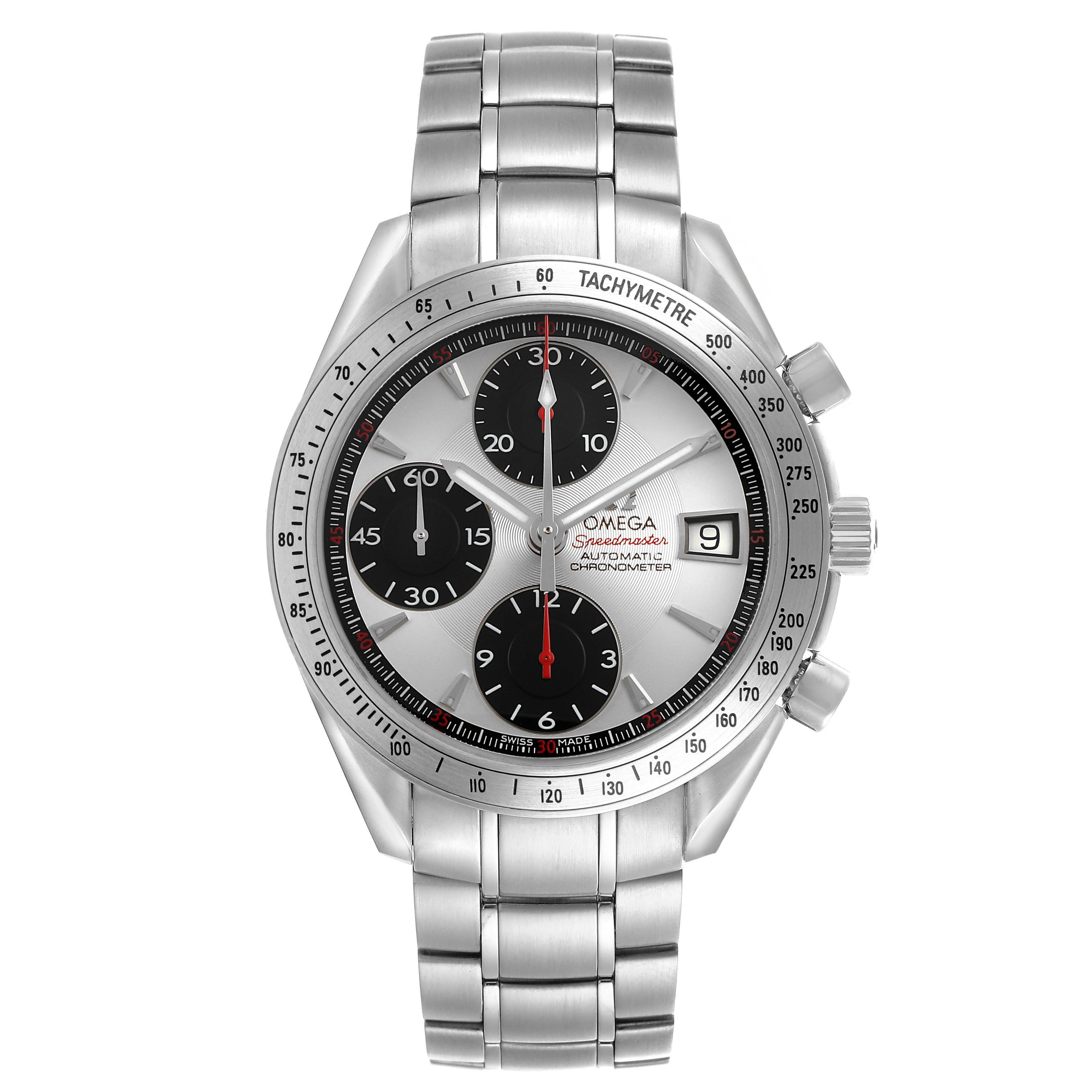 The image shows a front view of the Omega Speedmaster 3211.31.00 Men's Stainless Steel Silver Dial watch, highlighting its face, subdials, and bracelet.